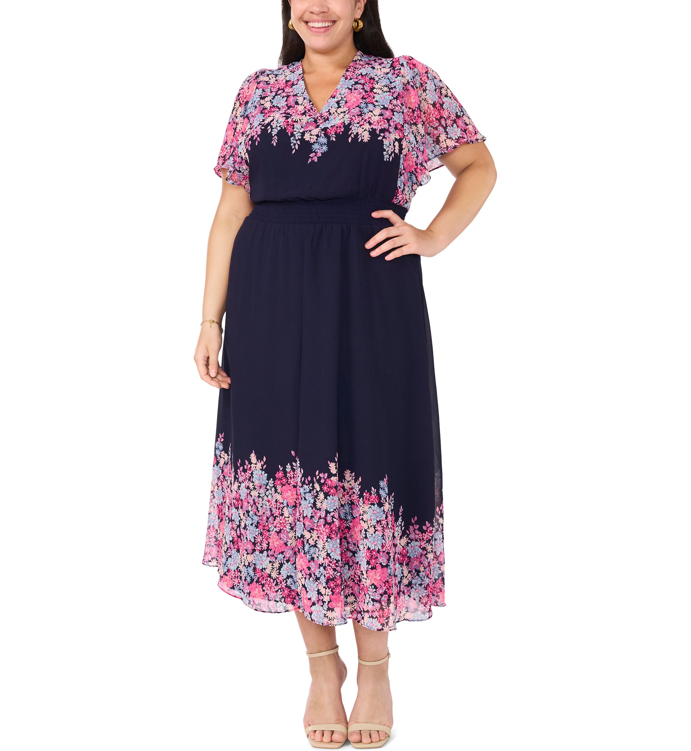 Plus Size Flutter Sleeve V-Neck Printed Chiffon Maxi Dress