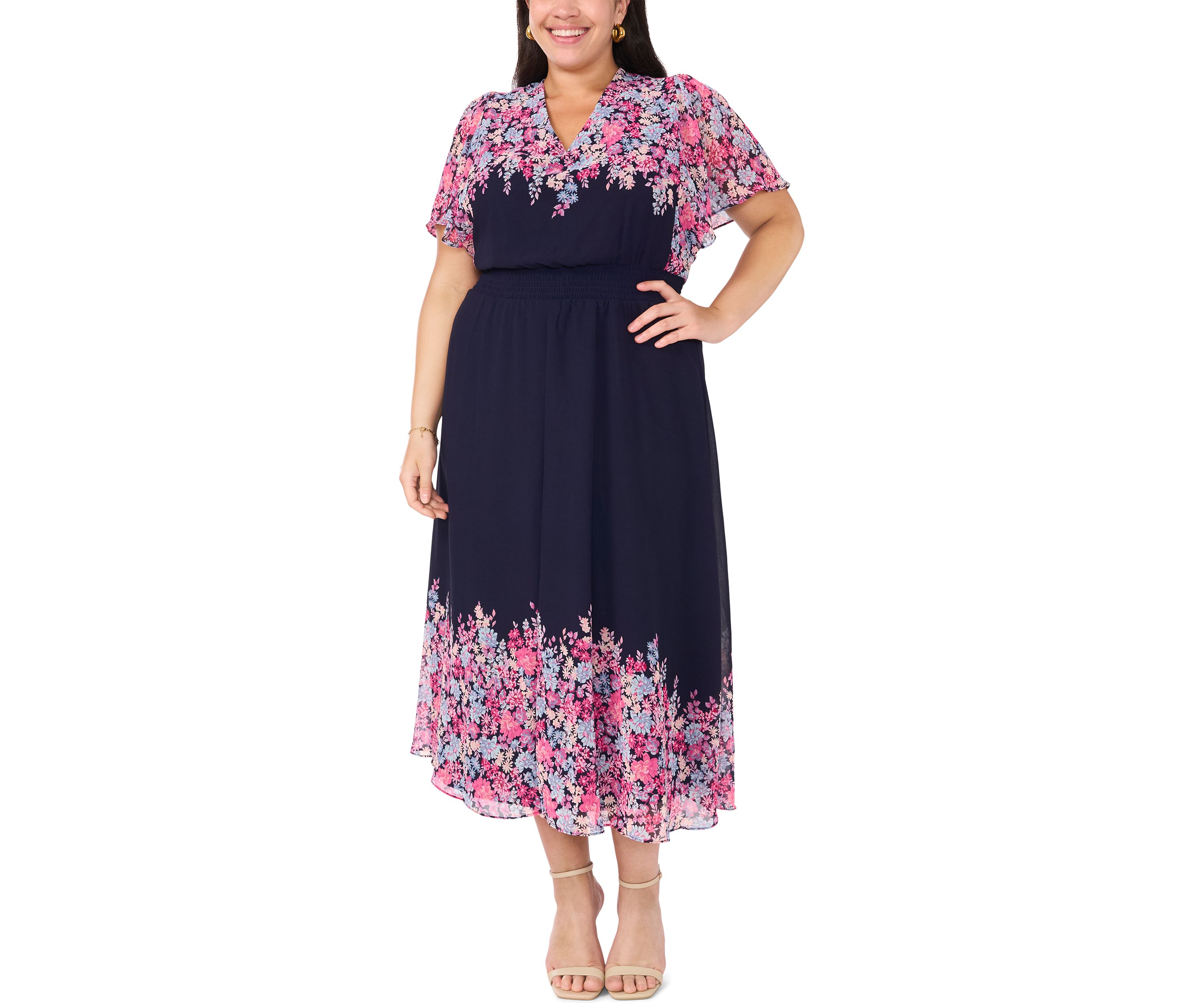 Plus Size Flutter Sleeve V-Neck Printed Chiffon Maxi Dress