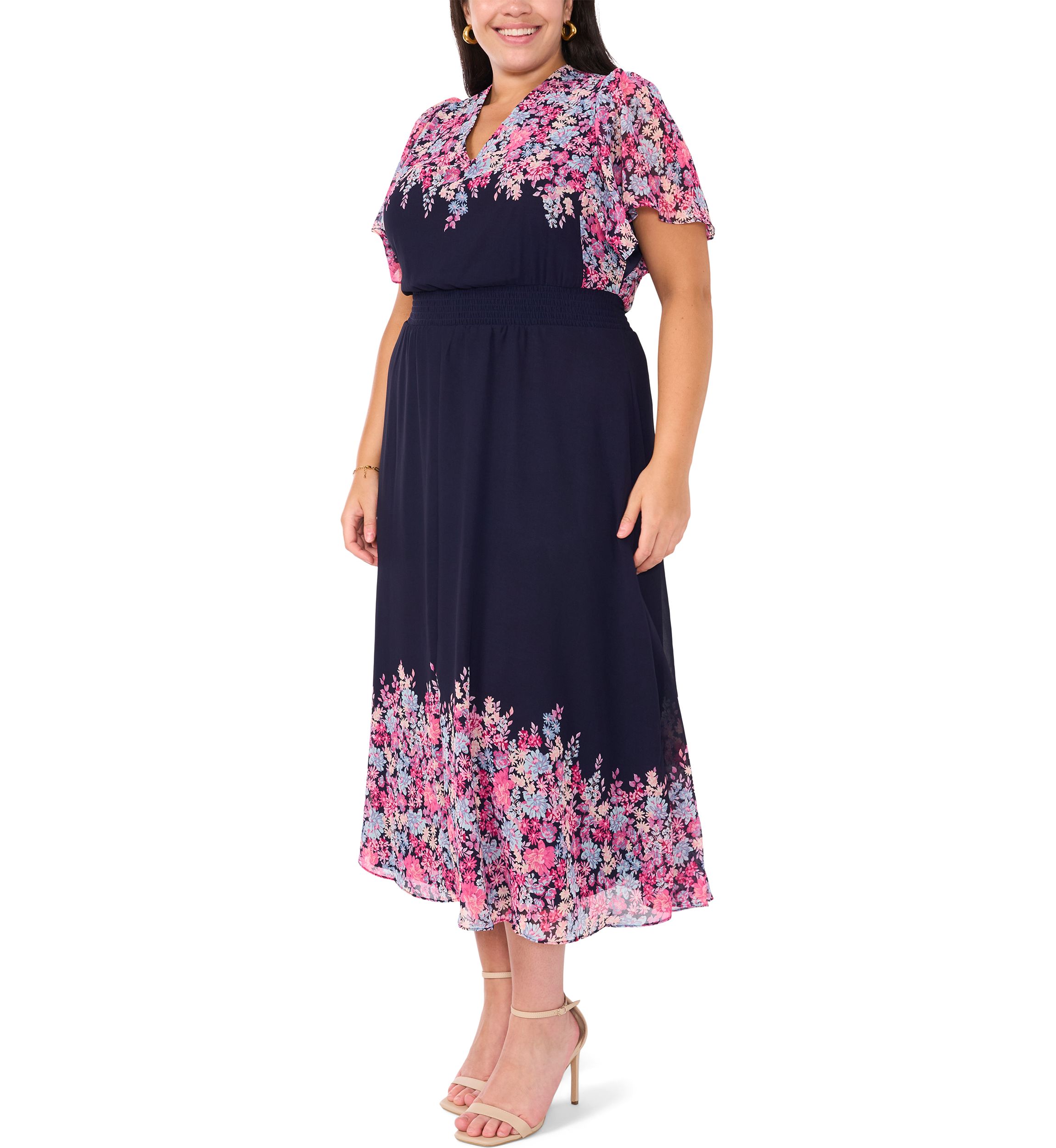 Plus Size Flutter Sleeve V-Neck Printed Chiffon Maxi Dress