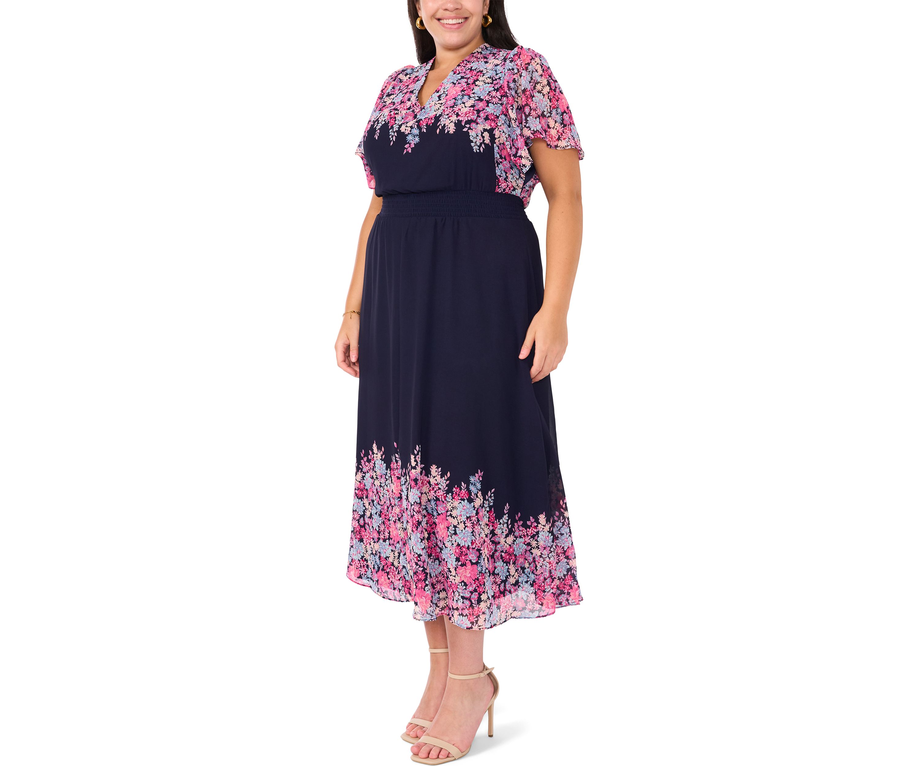 Plus Size Flutter Sleeve V-Neck Printed Chiffon Maxi Dress