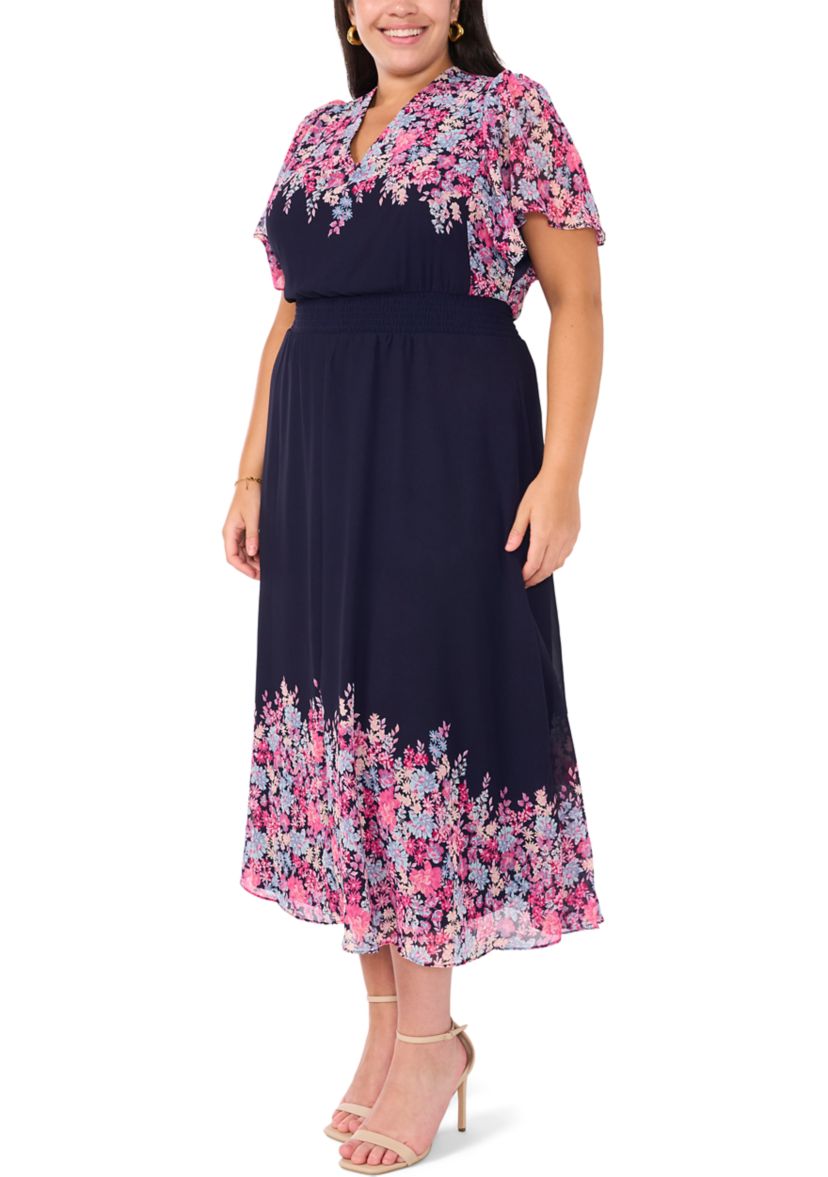 Plus Size Flutter Sleeve V-Neck Printed Chiffon Maxi Dress