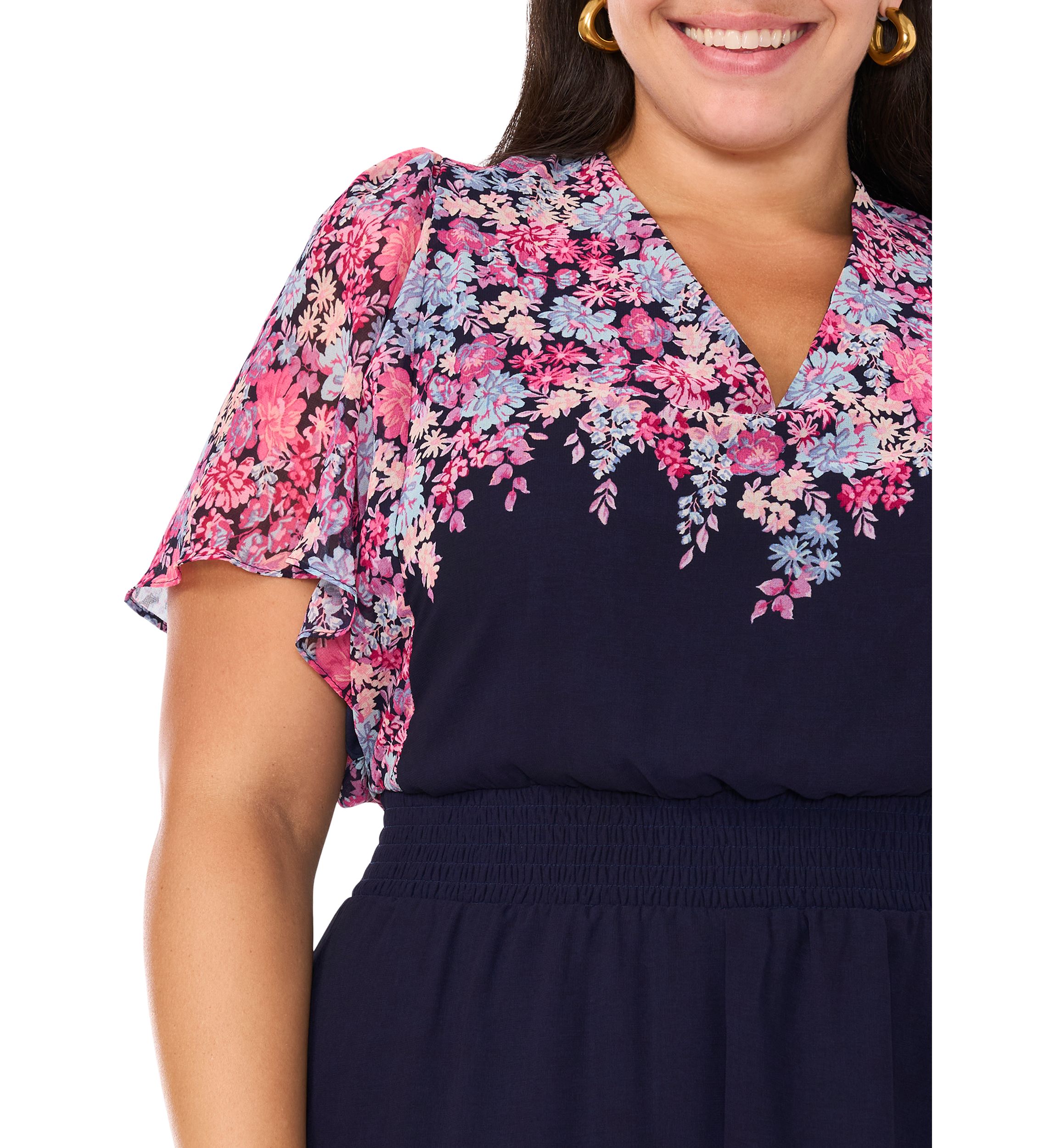 Plus Size Flutter Sleeve V-Neck Printed Chiffon Maxi Dress