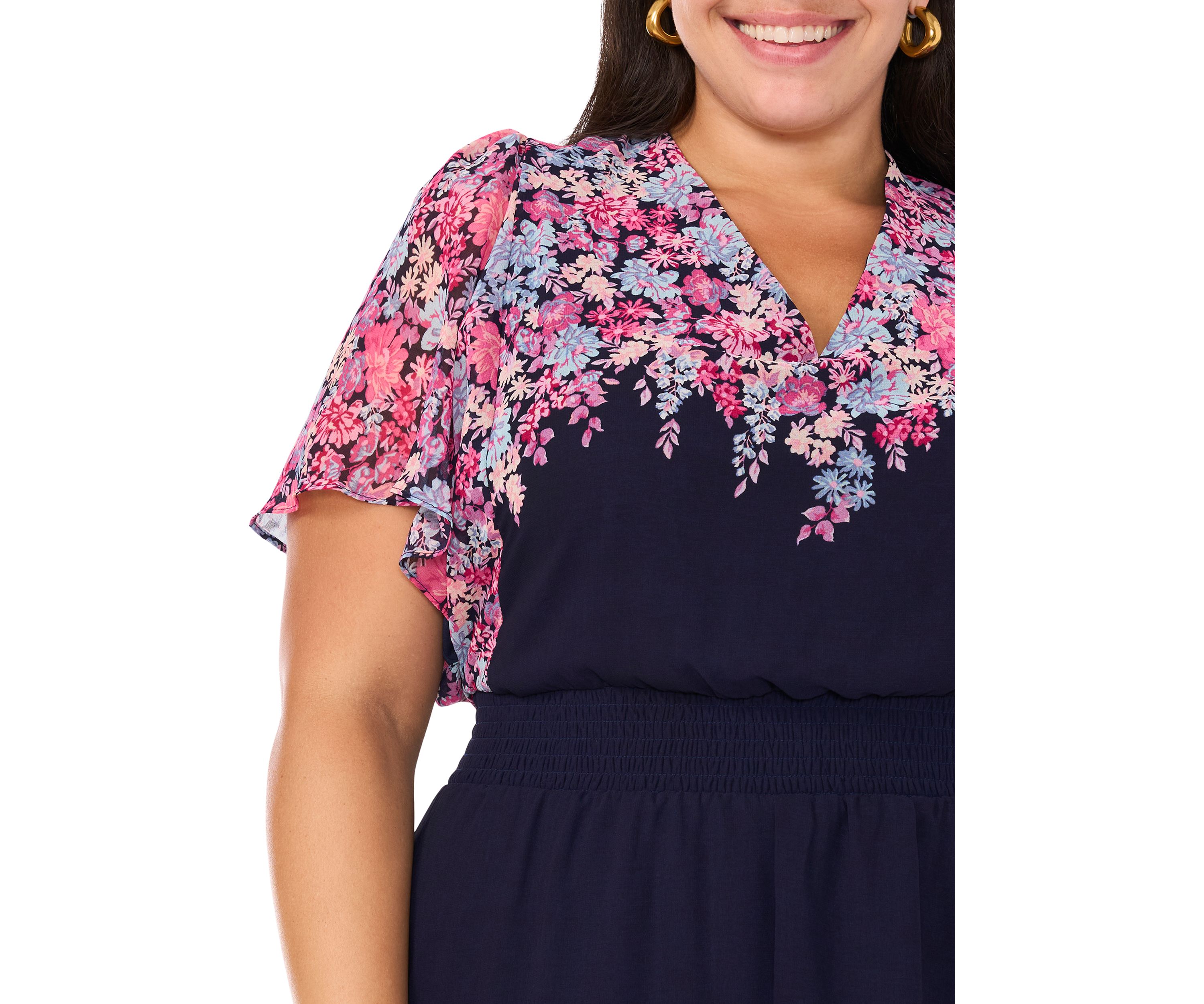 Plus Size Flutter Sleeve V-Neck Printed Chiffon Maxi Dress