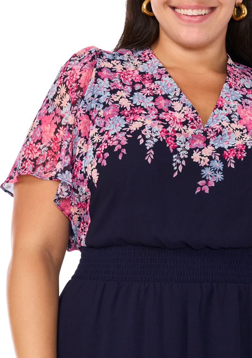 Plus Size Flutter Sleeve V-Neck Printed Chiffon Maxi Dress
