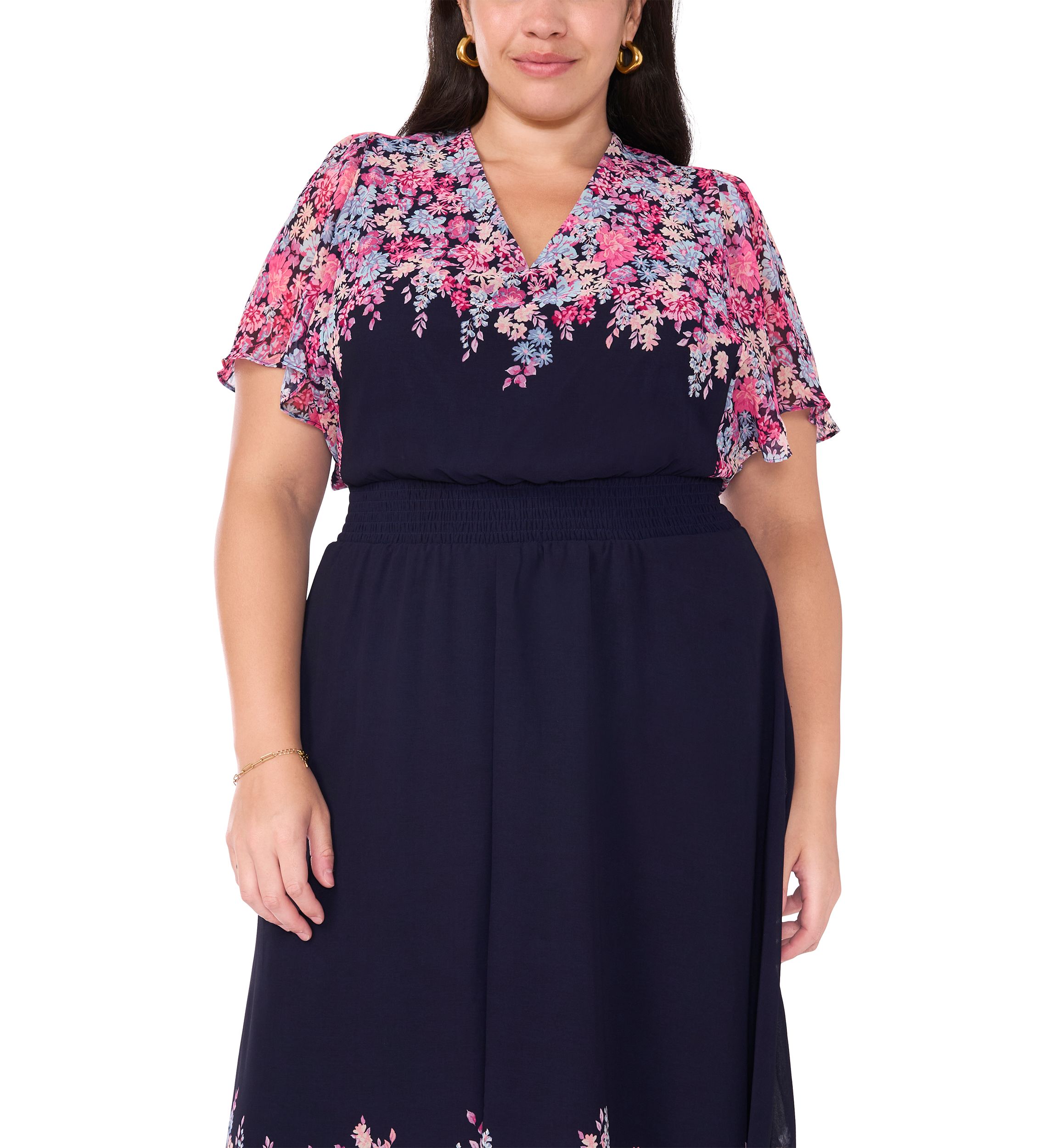 Plus Size Flutter Sleeve V-Neck Printed Chiffon Maxi Dress