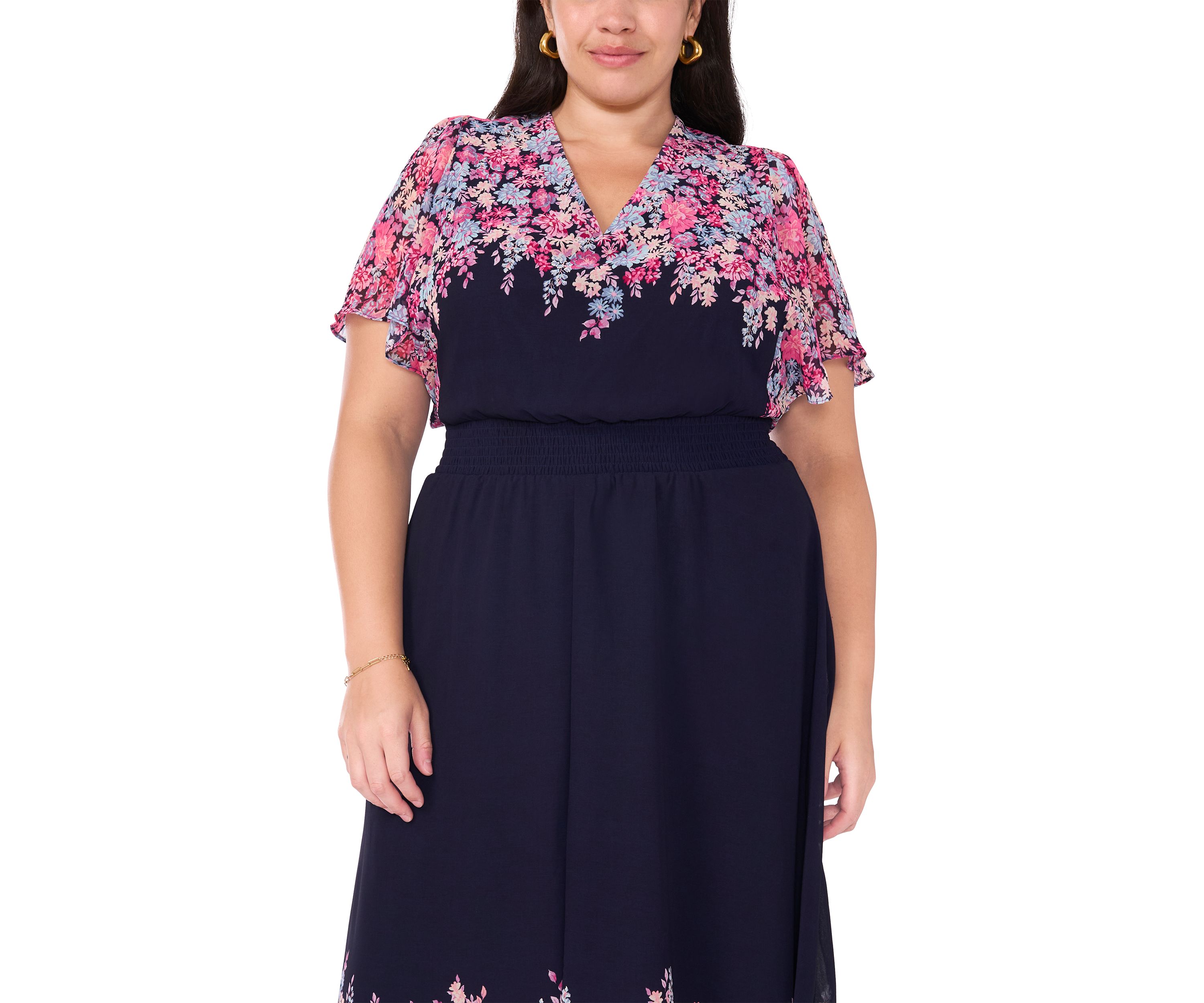 Plus Size Flutter Sleeve V-Neck Printed Chiffon Maxi Dress