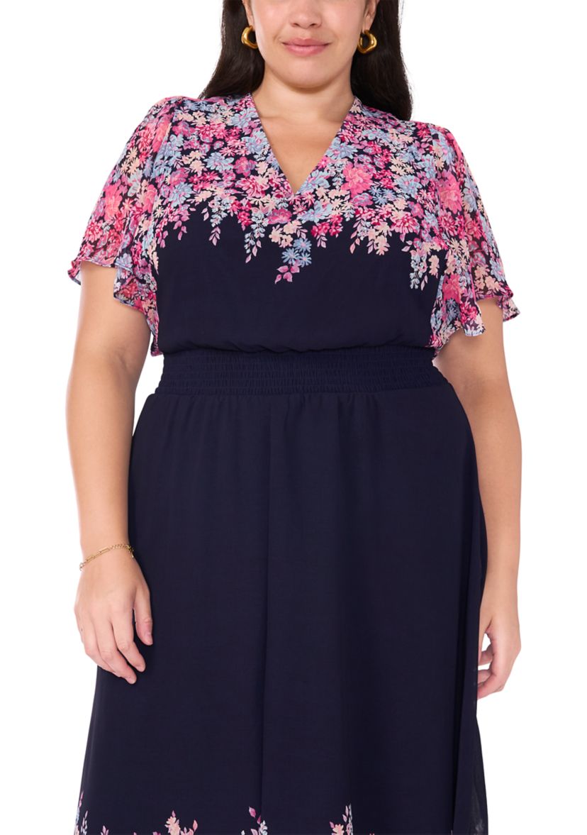 Plus Size Flutter Sleeve V-Neck Printed Chiffon Maxi Dress