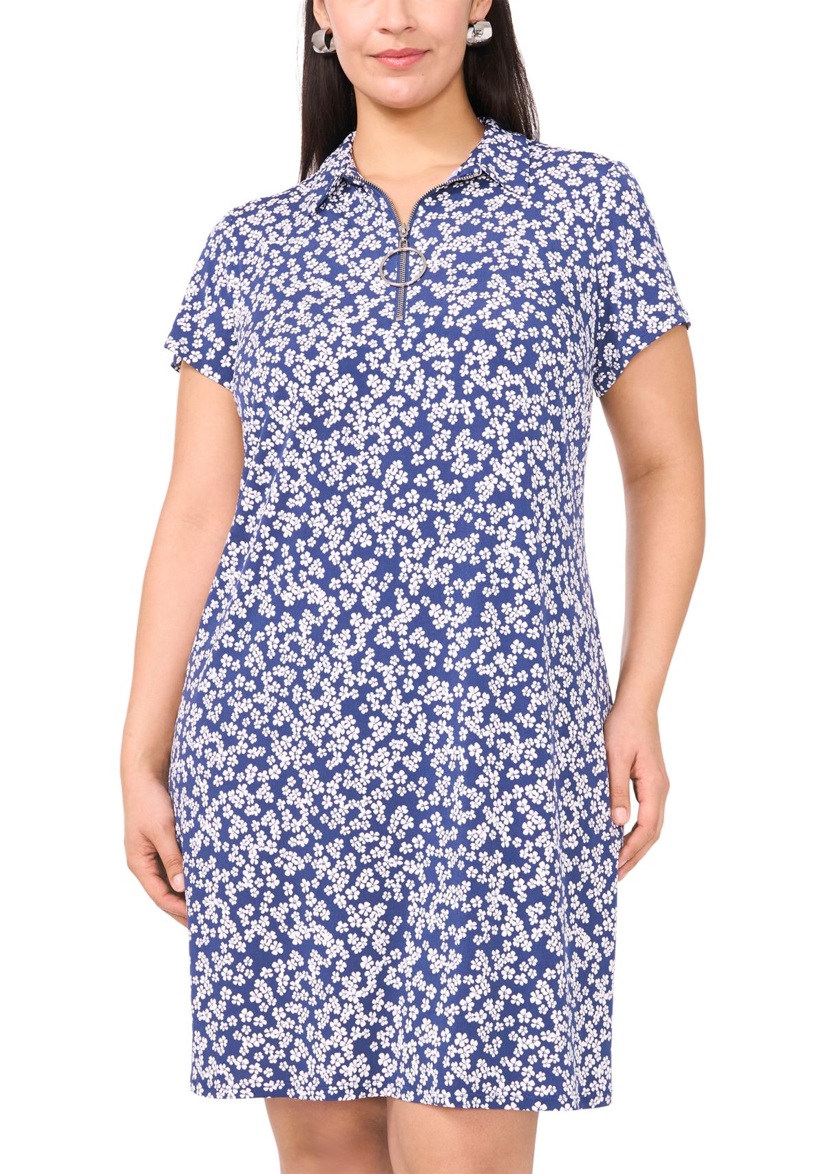 Plus Size Short Sleeve V-Neck Ditsy Print Mini Dress