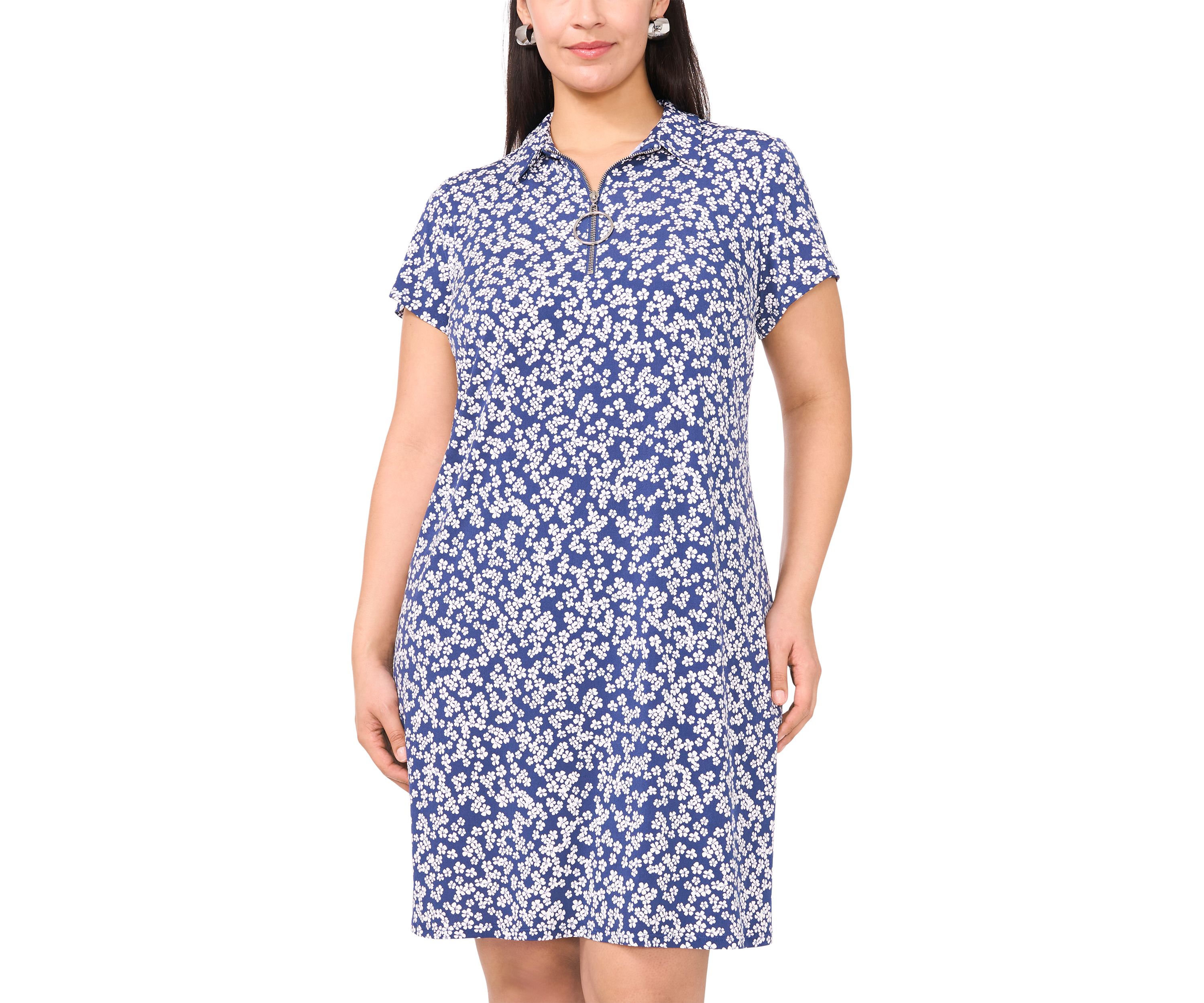 Plus Size Short Sleeve V-Neck Ditsy Print Mini Dress