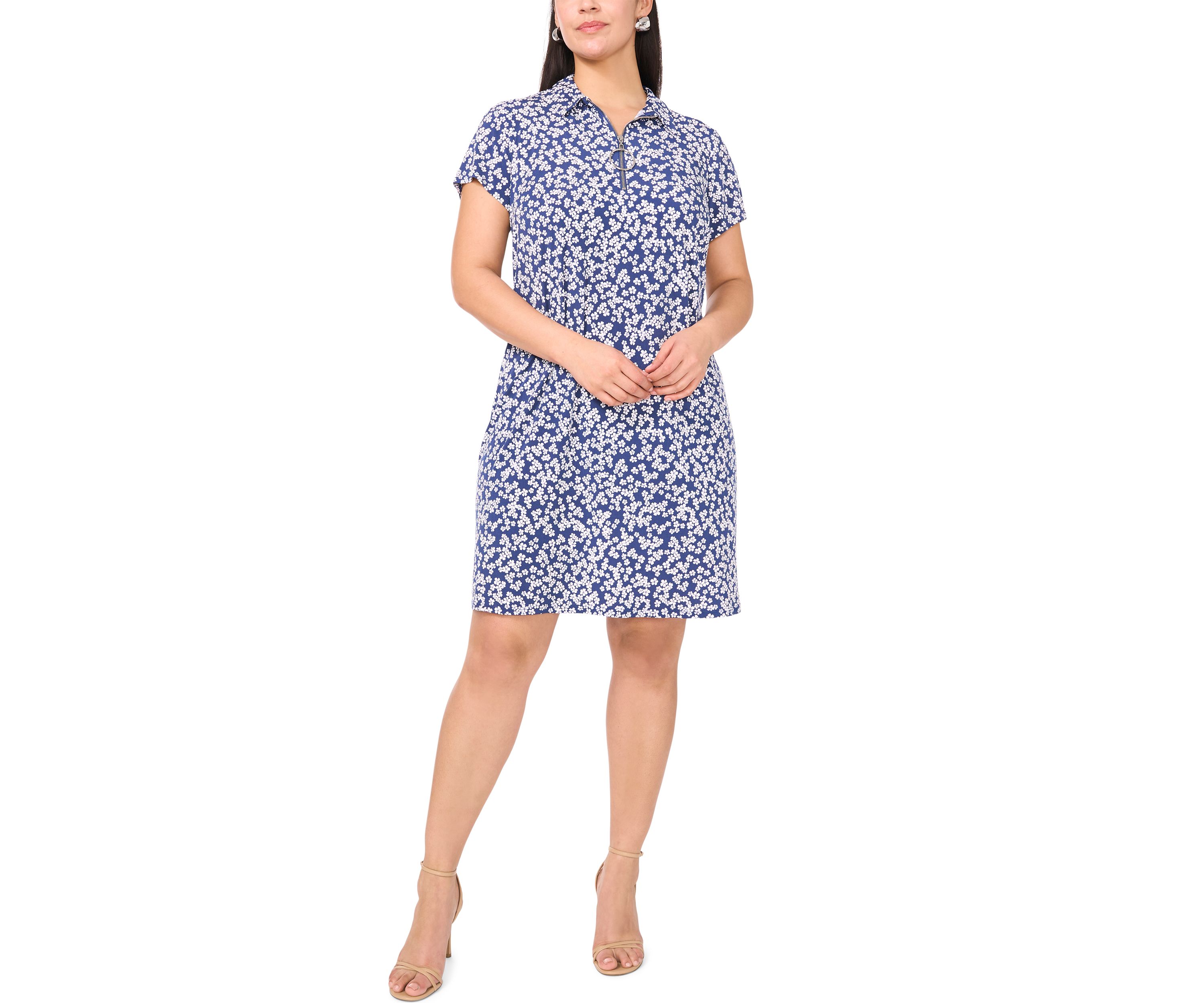 Plus Size Short Sleeve V-Neck Ditsy Print Mini Dress