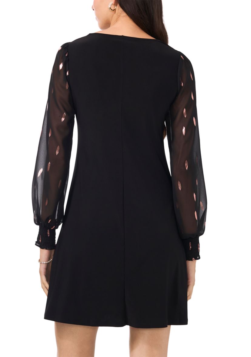 Womens Long Blouson Sleeve Foil A-Line Dress