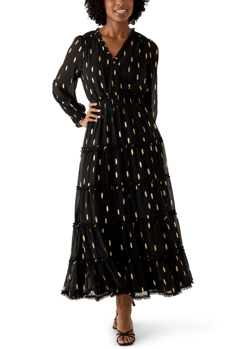 Womens Long Sleeve V-Neck Foil Chiffon Maxi Dress