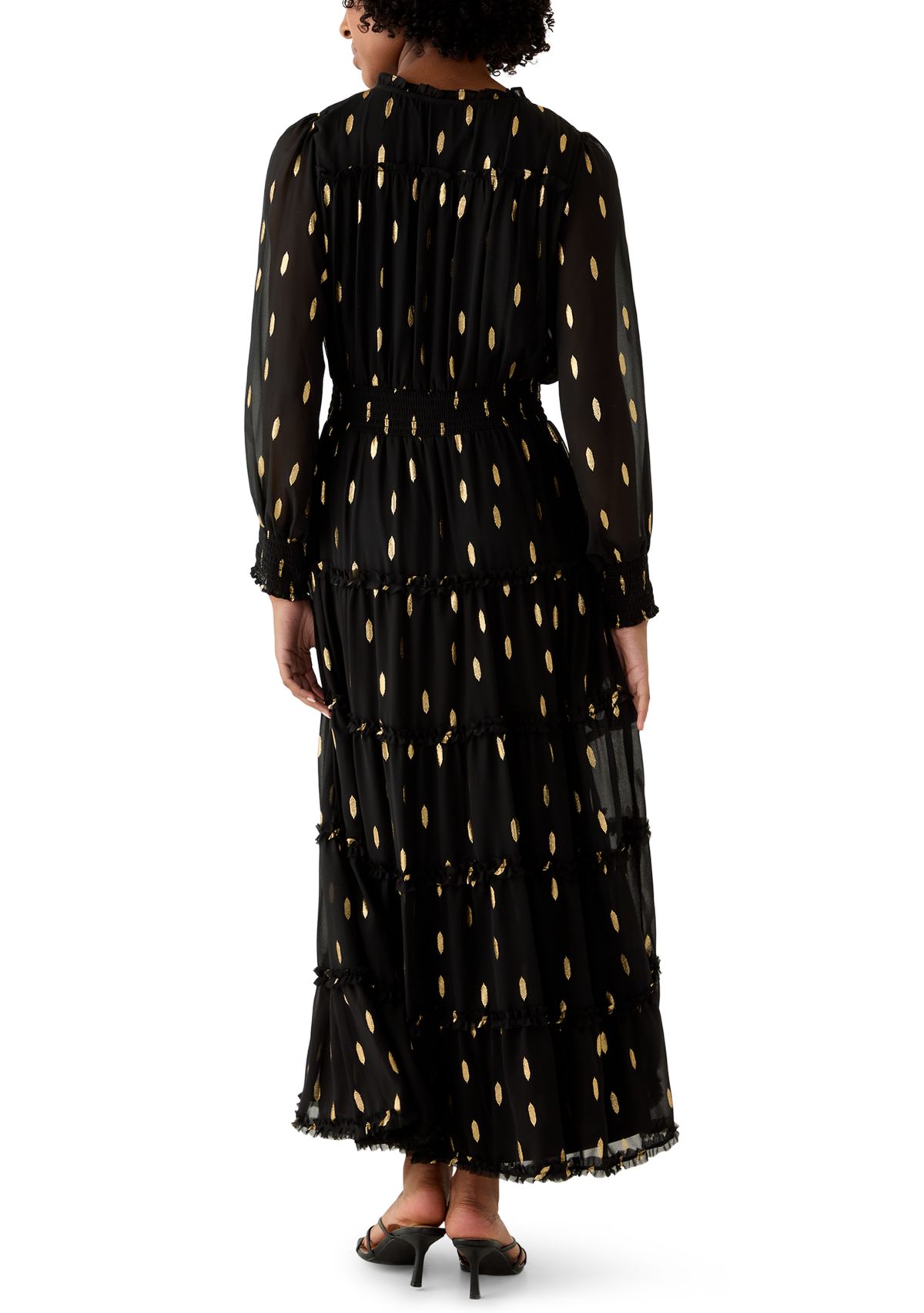 Womens Long Sleeve V-Neck Foil Chiffon Maxi Dress