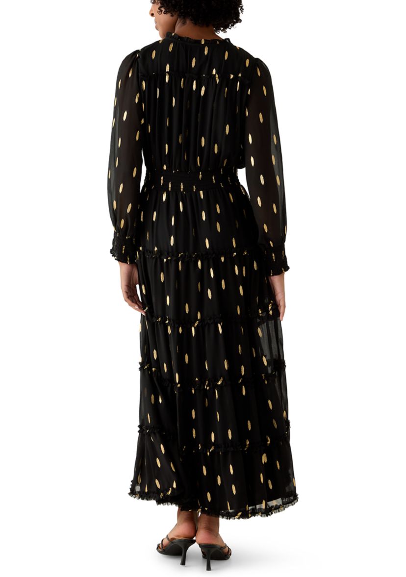 Womens Long Sleeve V-Neck Foil Chiffon Maxi Dress
