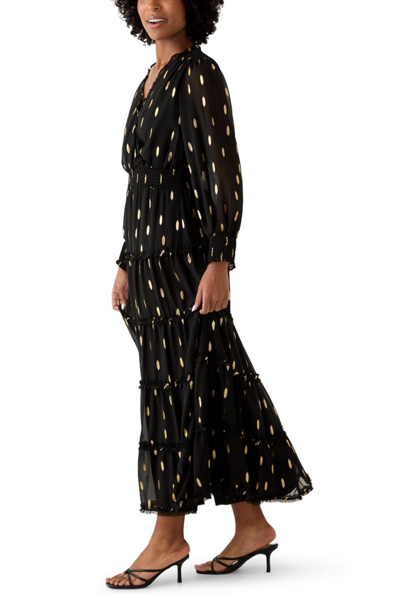 Womens Long Sleeve V-Neck Foil Chiffon Maxi Dress