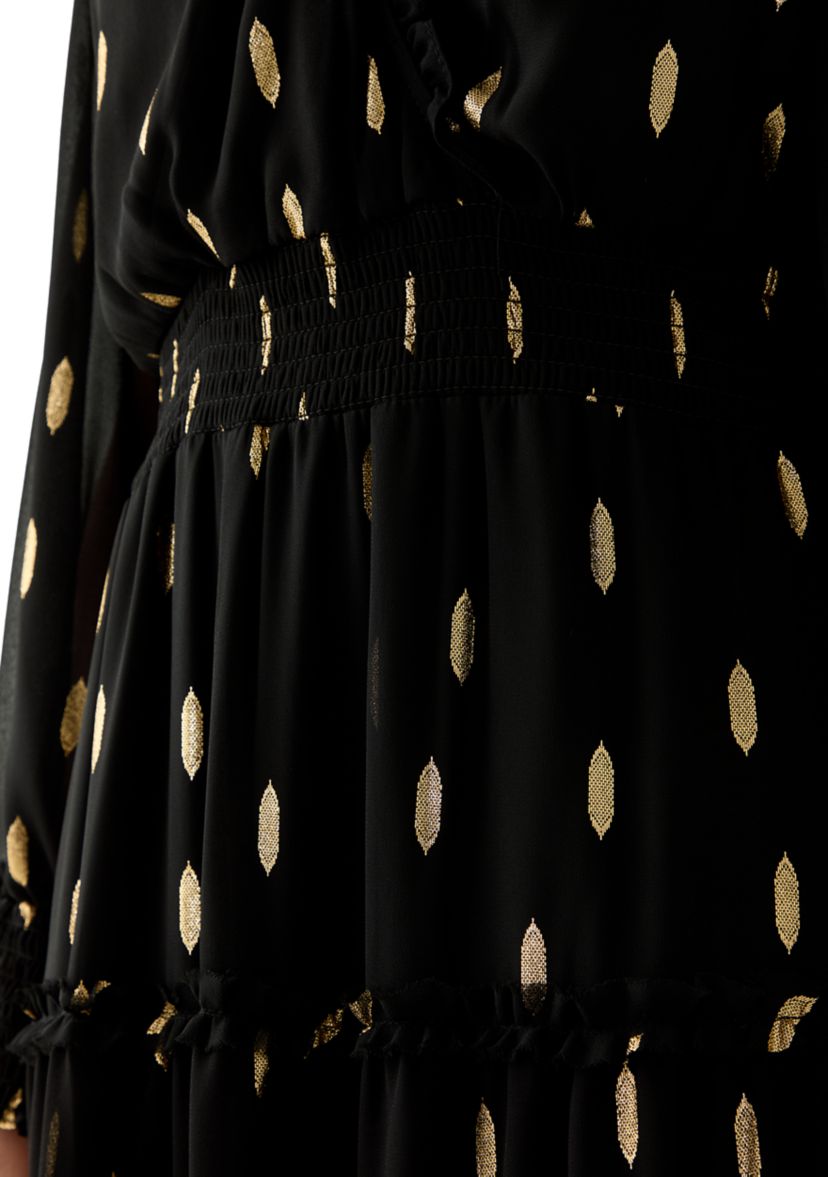 Womens Long Sleeve V-Neck Foil Chiffon Maxi Dress