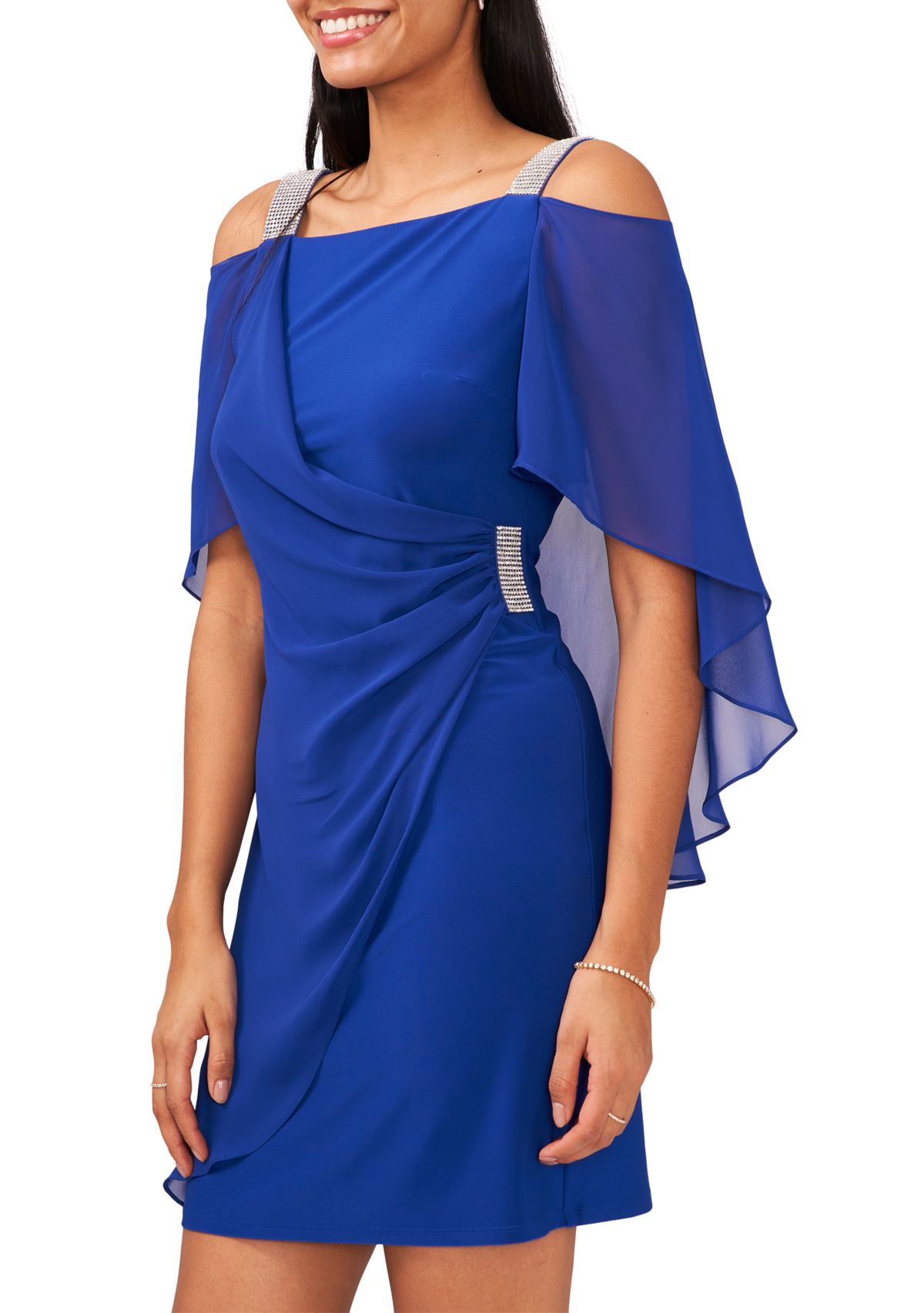 Womens Cold Shoulder Cap Sleeve Rhinestone Strap Dress