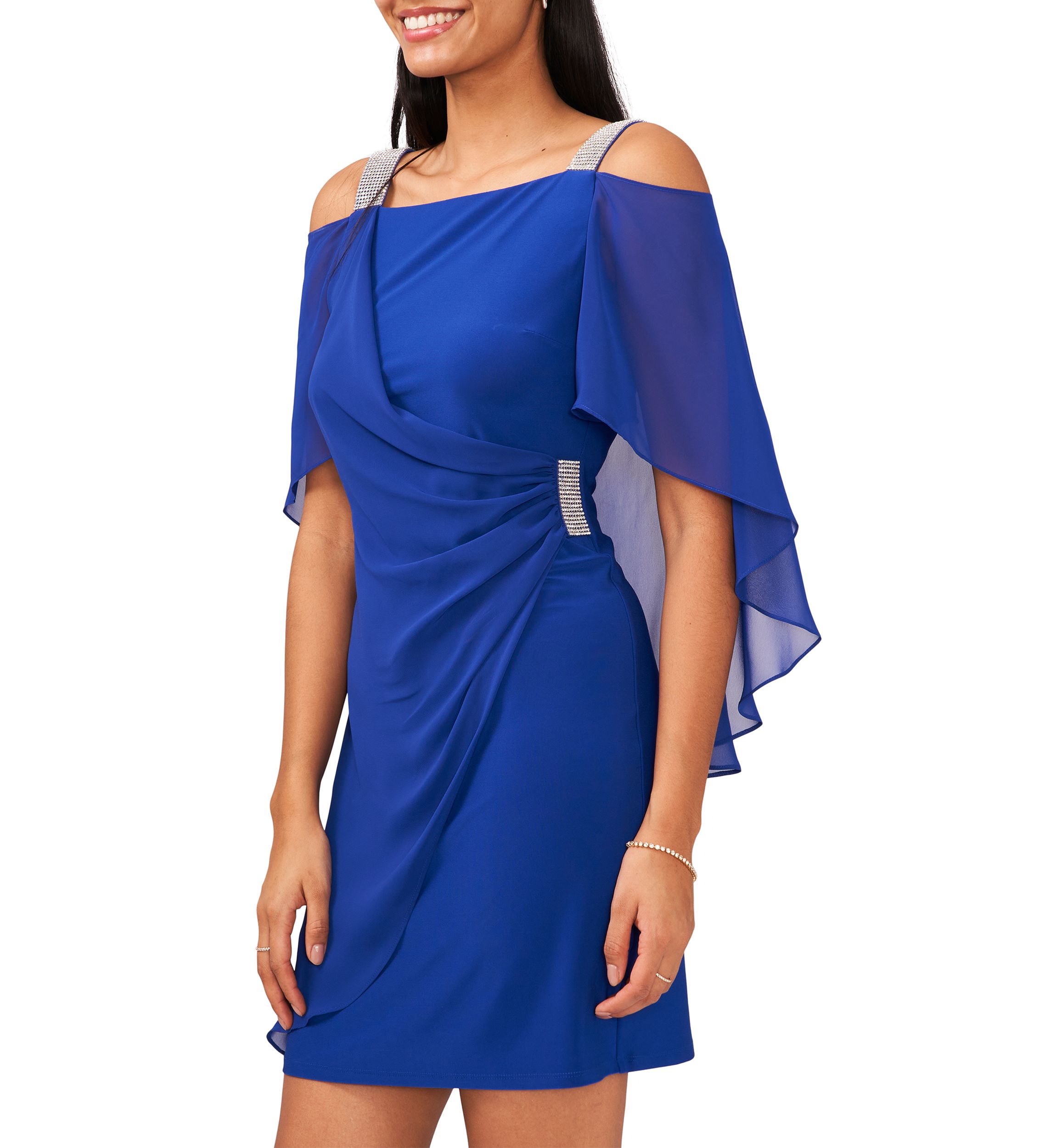 Womens Cold Shoulder Cap Sleeve Rhinestone Strap Dress