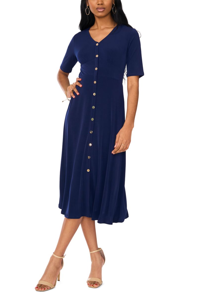 Womens Short Sleeve V-Neck Solid Midi A-Line Dress