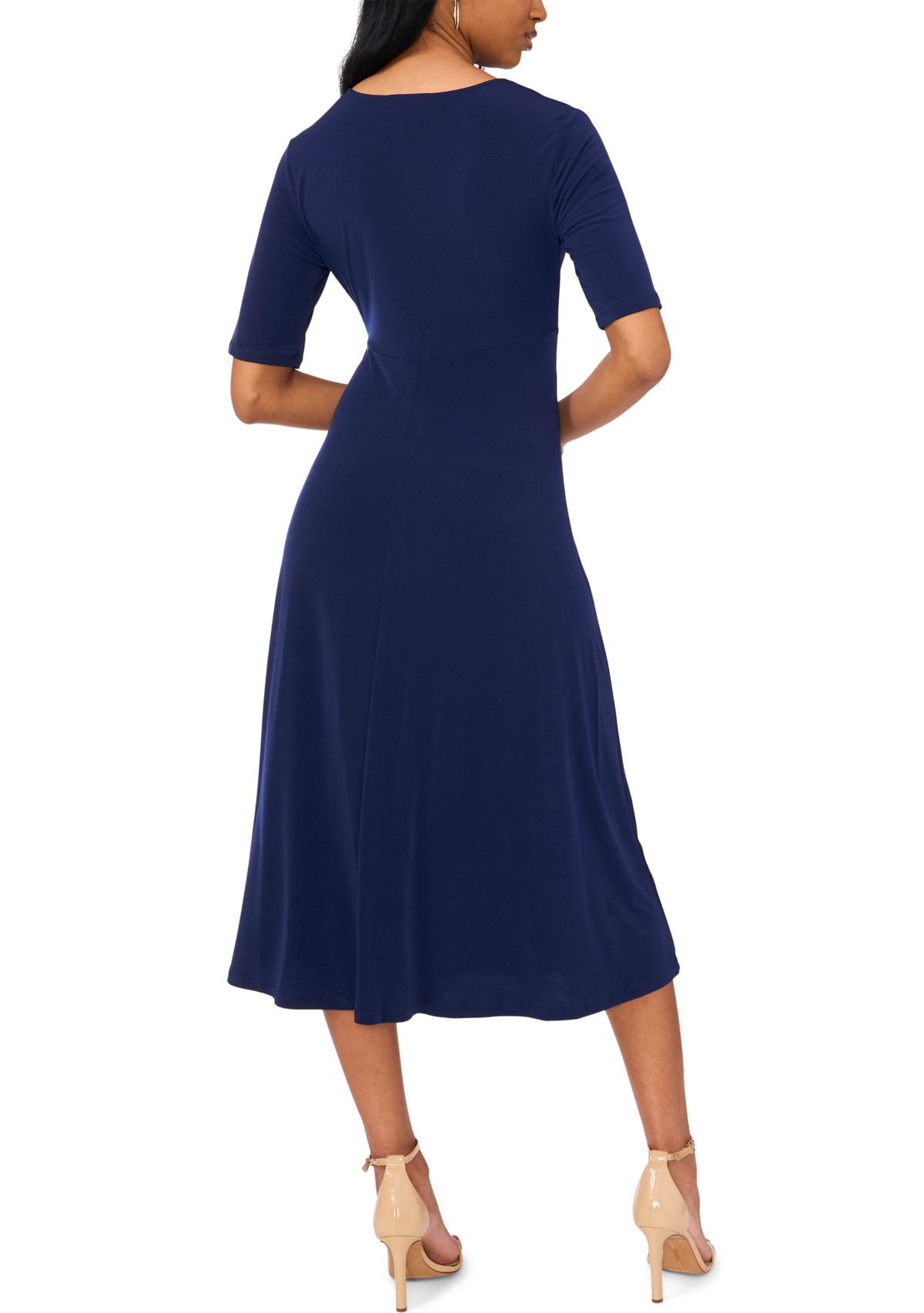 Womens Short Sleeve V-Neck Solid Midi A-Line Dress
