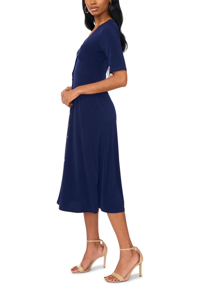 Womens Short Sleeve V-Neck Solid Midi A-Line Dress