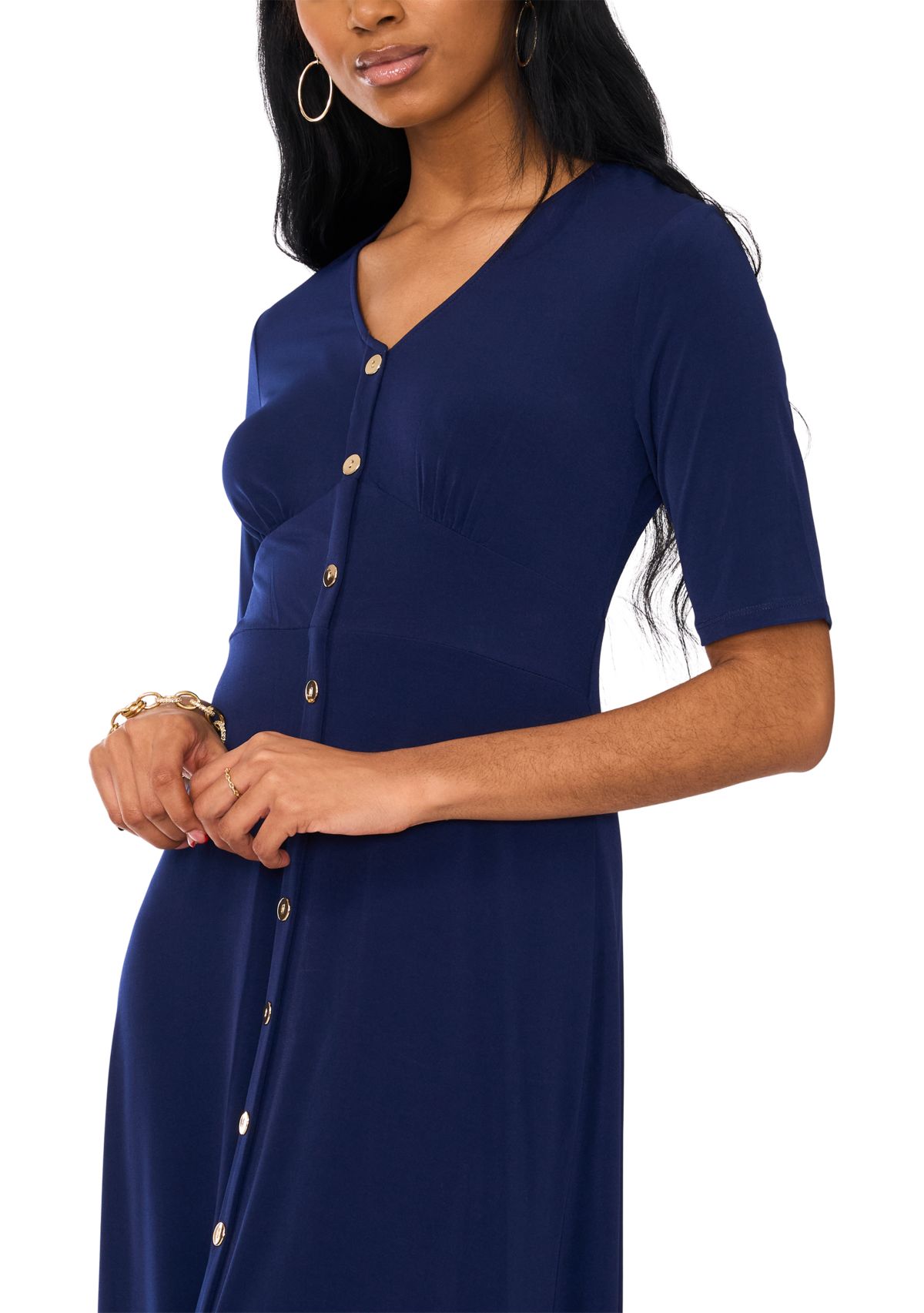 Womens Short Sleeve V-Neck Solid Midi A-Line Dress