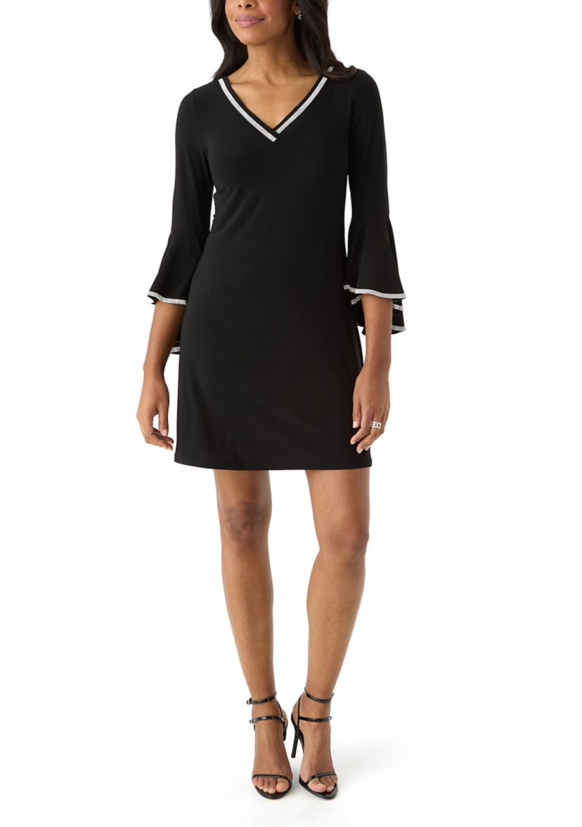 Womens V-Neck Sheath Dress with Trim Detail