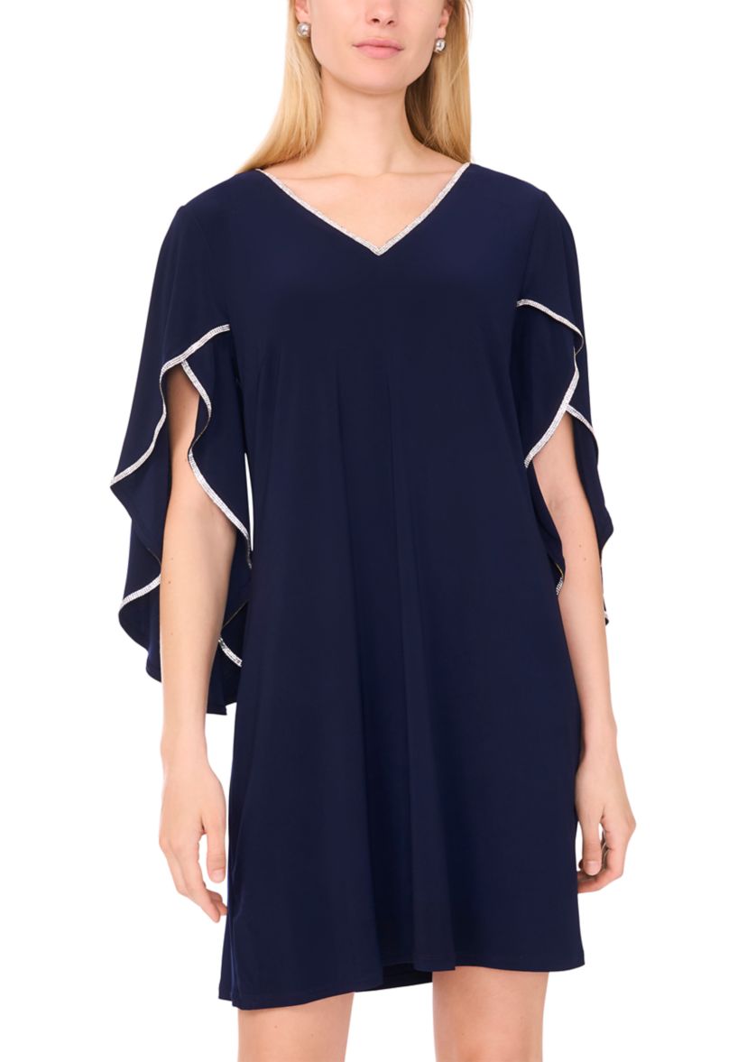 msk navy blue dress MSK Petite V-Neck Short-Sleeve Belted Jersey Midi Dress