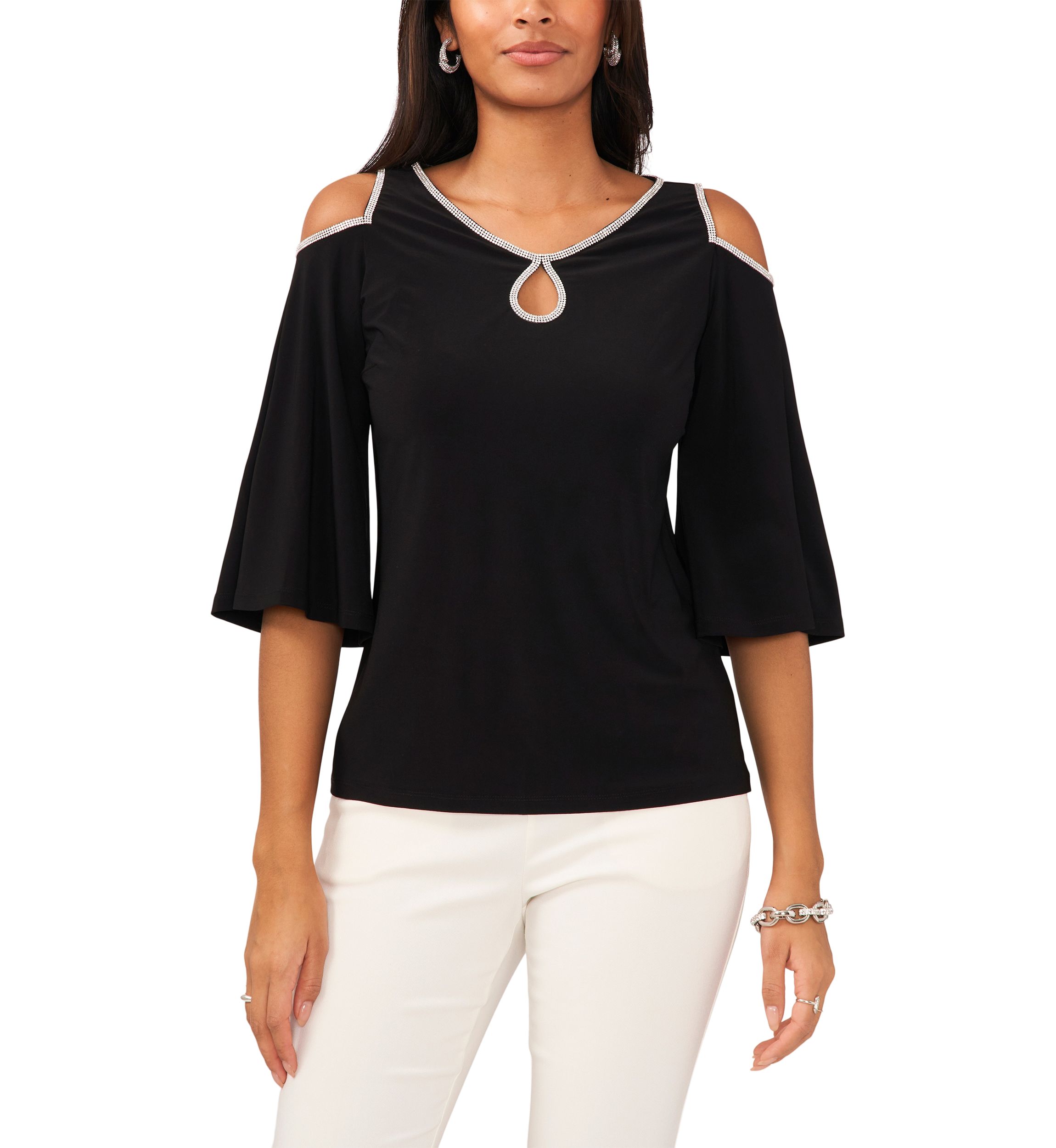Womens Cold Shoulder Keyhole Neck Top