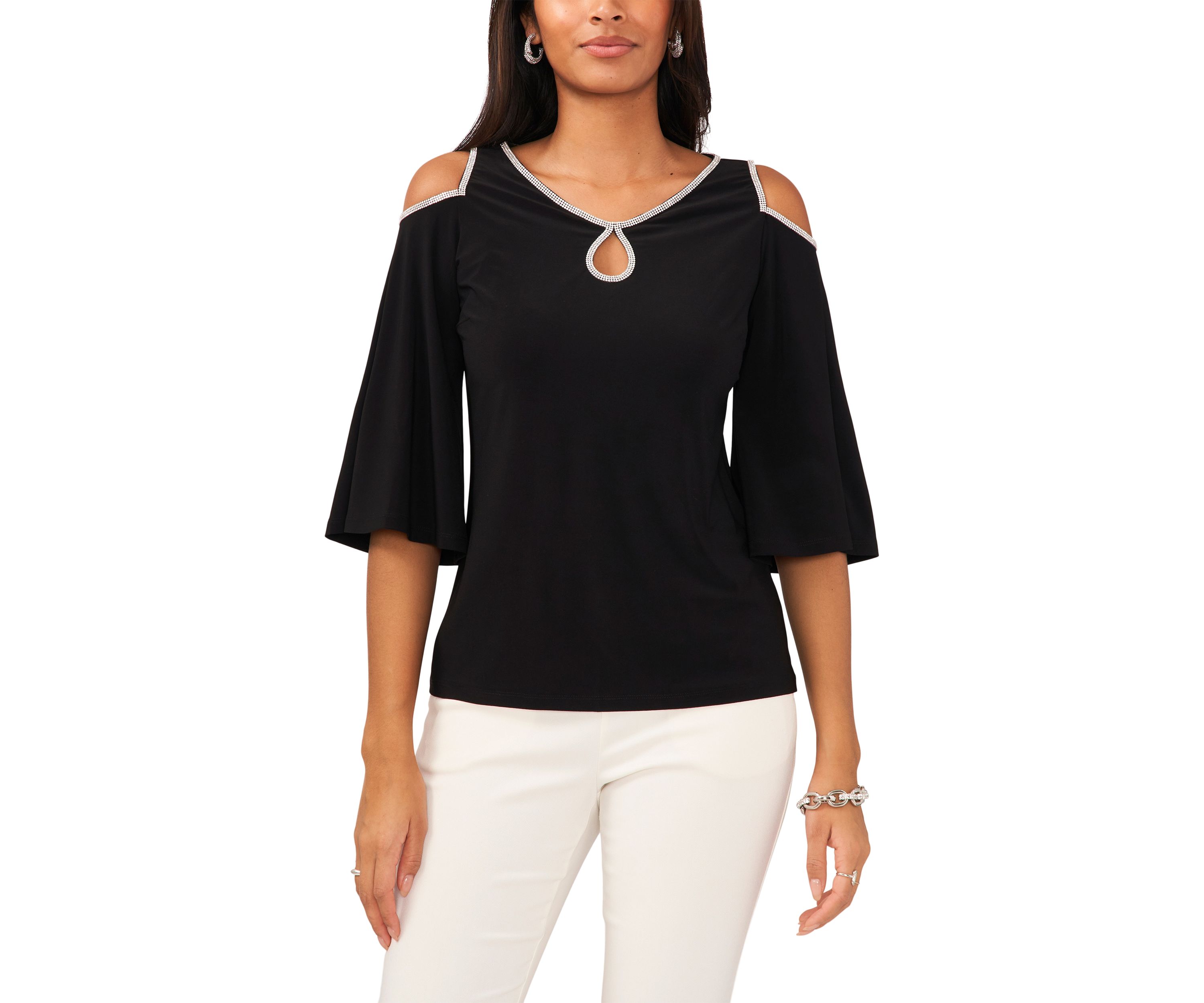 Womens Cold Shoulder Keyhole Neck Top