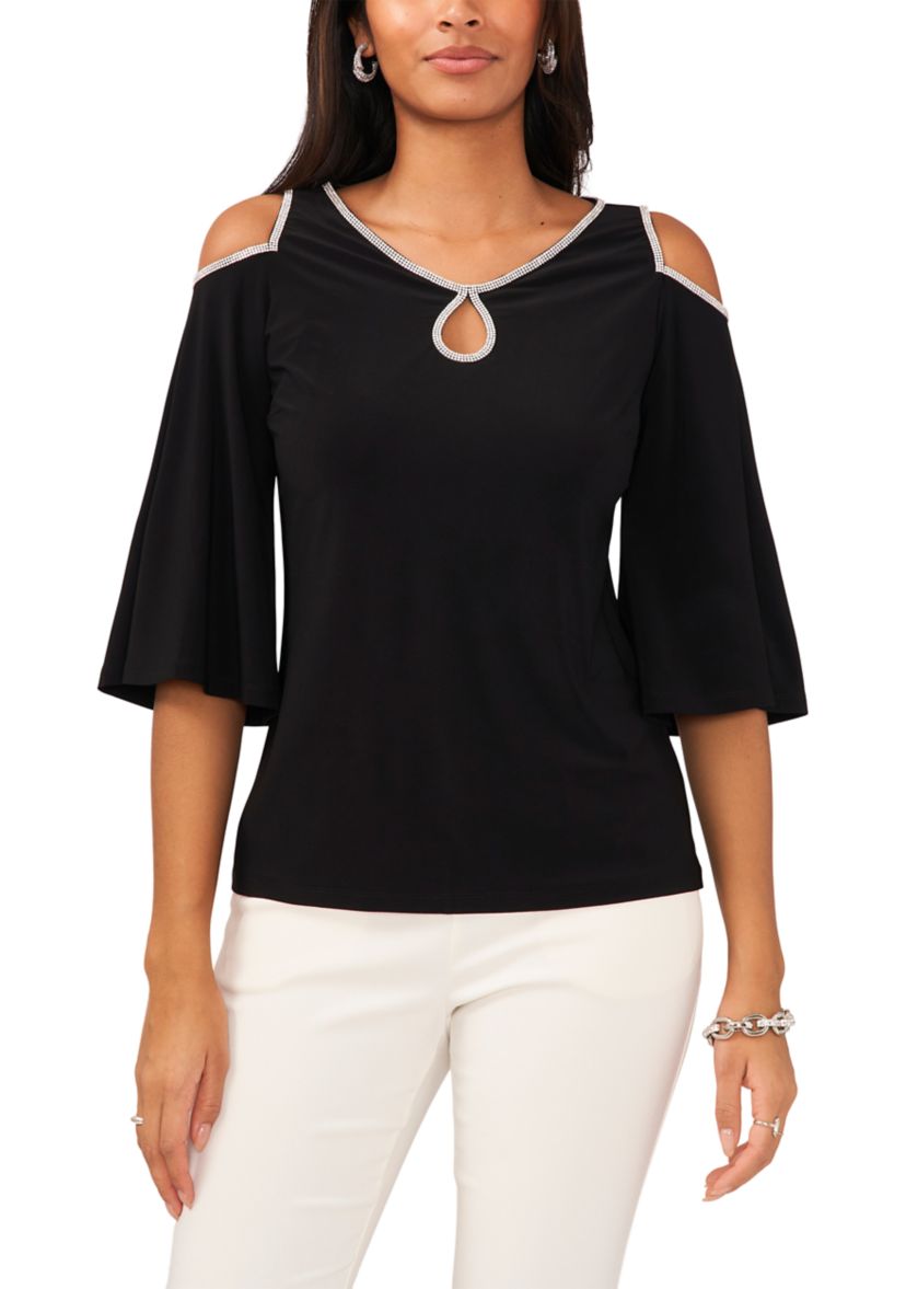 Womens Cold Shoulder Keyhole Neck Top