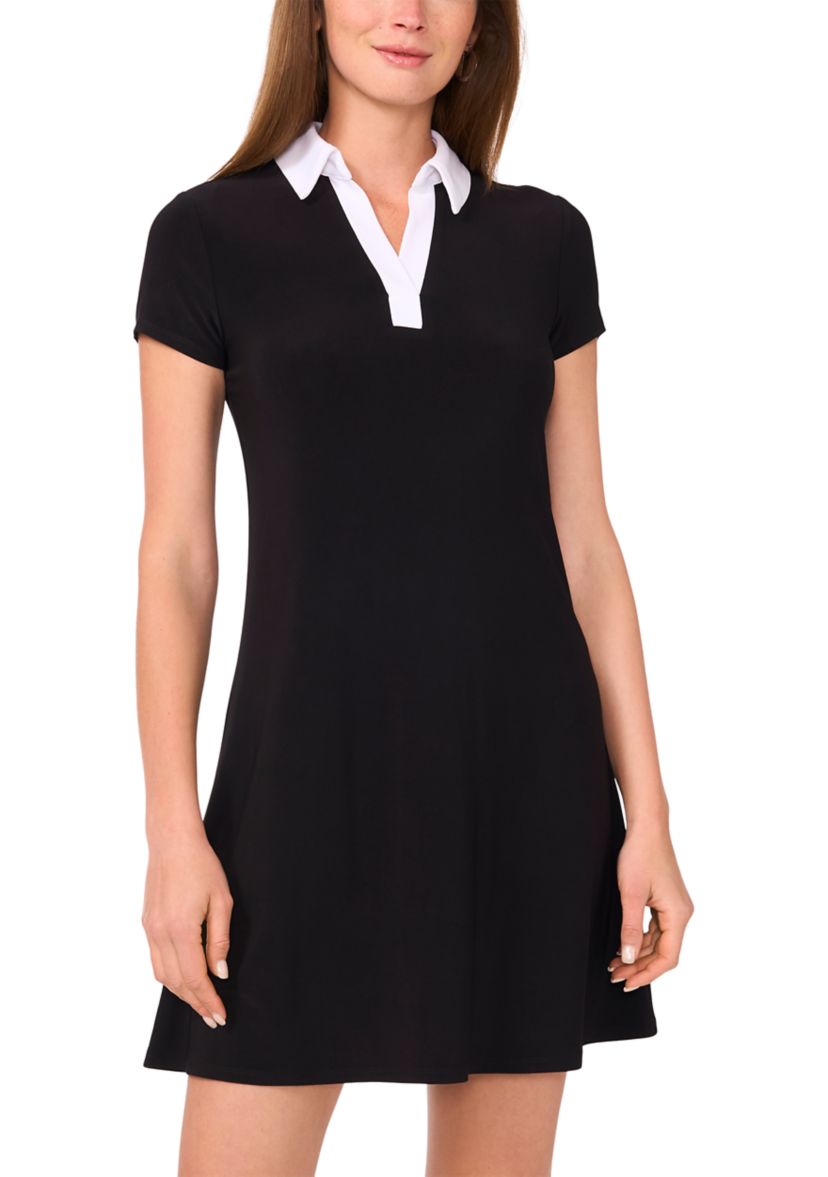 Womens Short Sleeve Collar Solid A-Line Dress