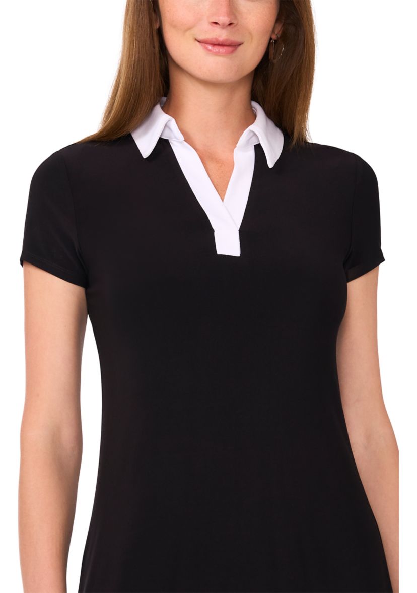 Womens Short Sleeve Collar Solid A-Line Dress