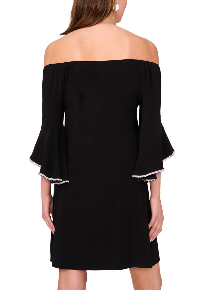 Womens 3/4 Tulip Sleeve Off the Shoulder A-Line Dress