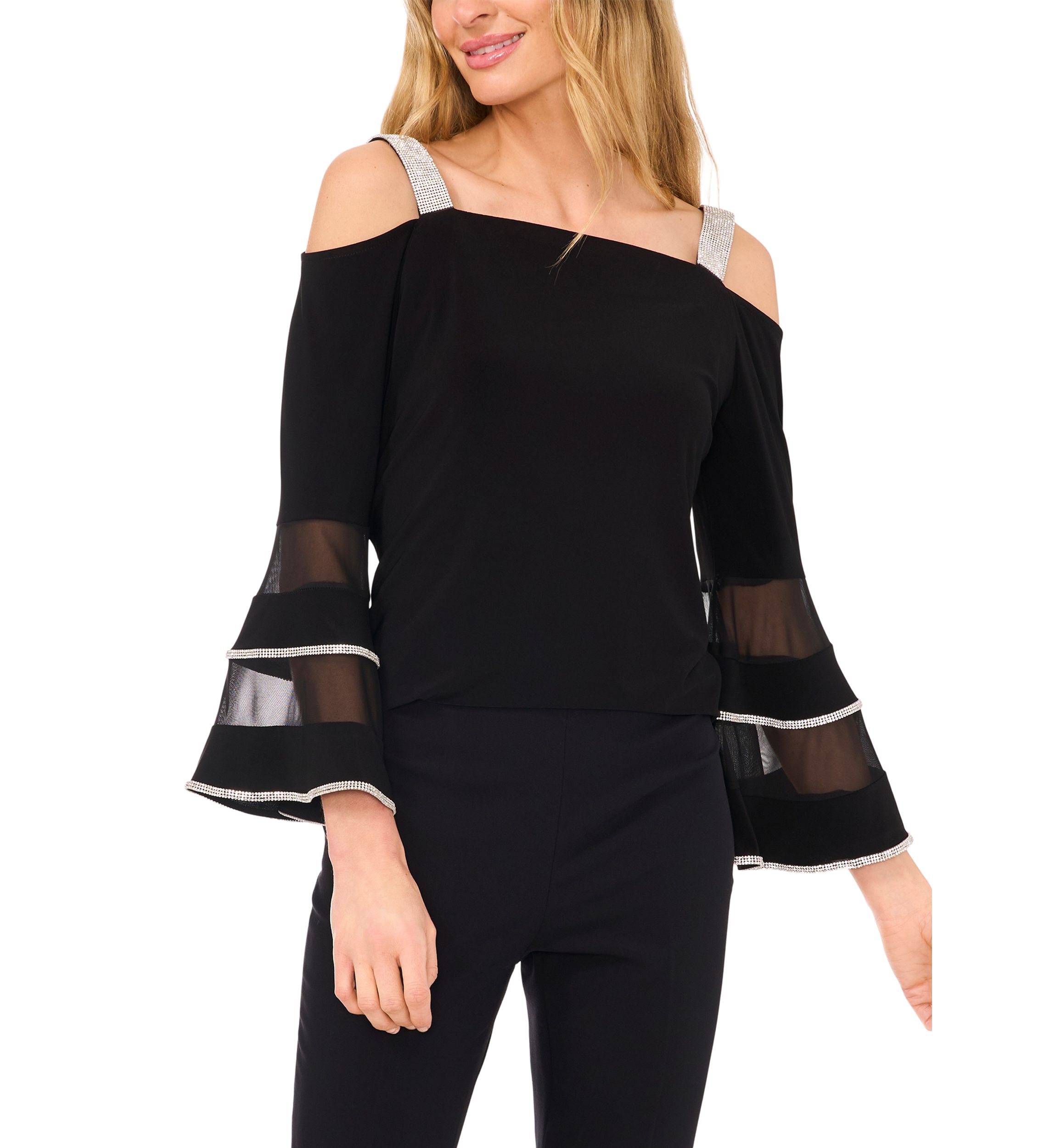 Womens Square Neck Cold Shoulder Embellished Long Sleeve Top