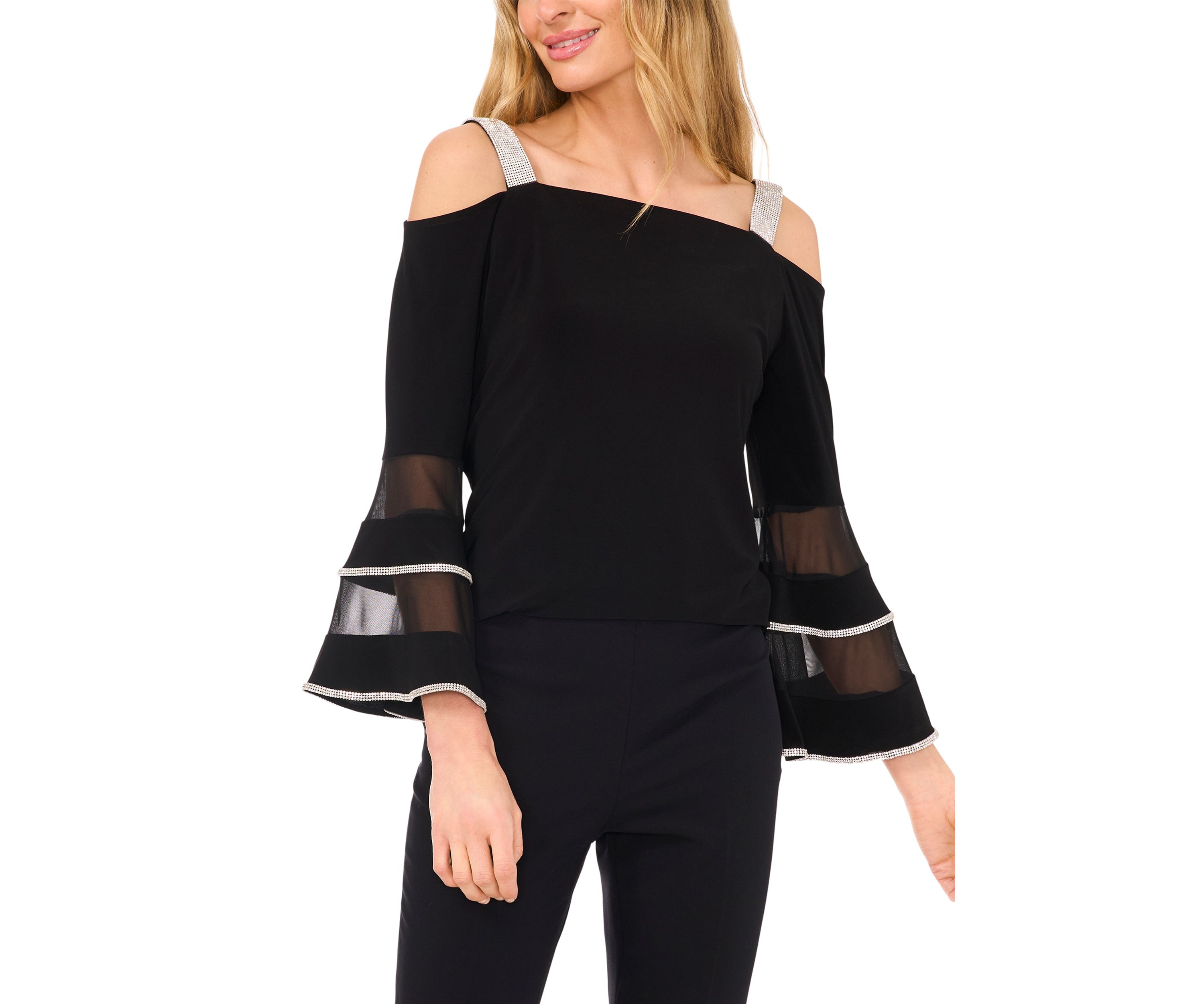 Womens Square Neck Cold Shoulder Embellished Long Sleeve Top