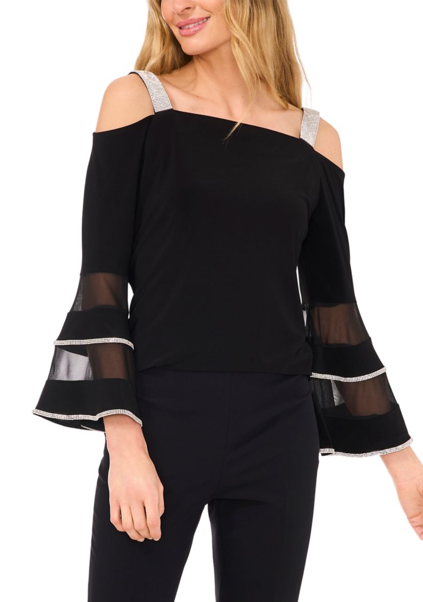 Womens Square Neck Cold Shoulder Embellished Long Sleeve Top
