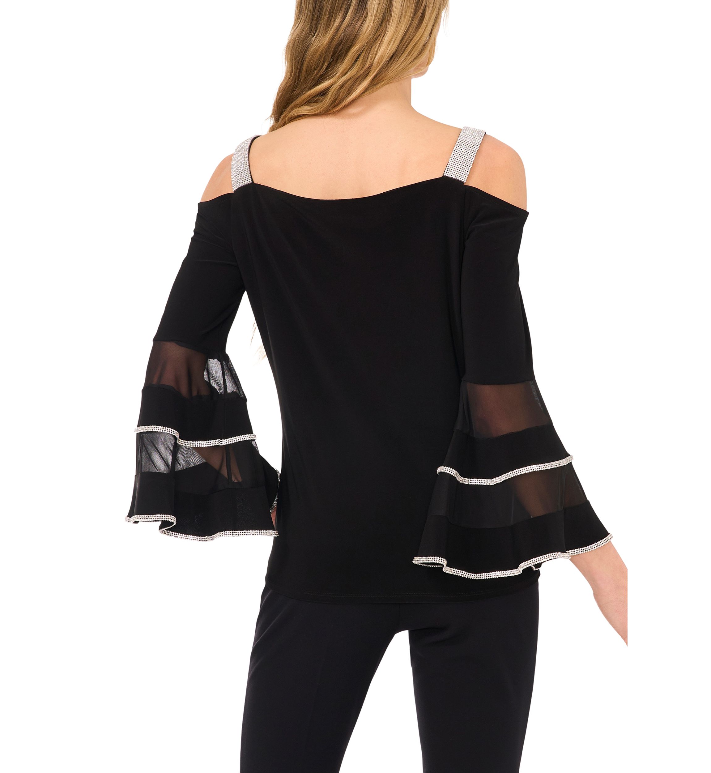Womens Square Neck Cold Shoulder Embellished Long Sleeve Top
