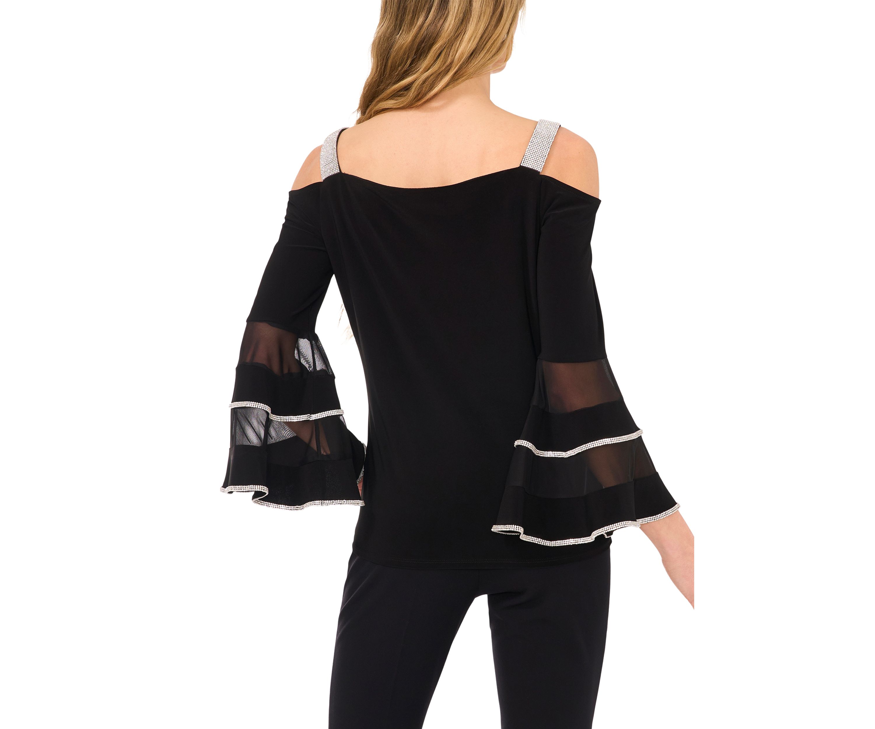 Womens Square Neck Cold Shoulder Embellished Long Sleeve Top
