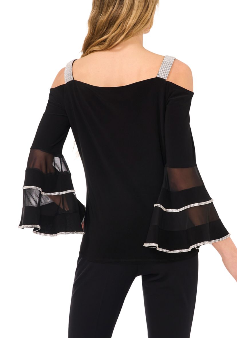 Womens Square Neck Cold Shoulder Embellished Long Sleeve Top