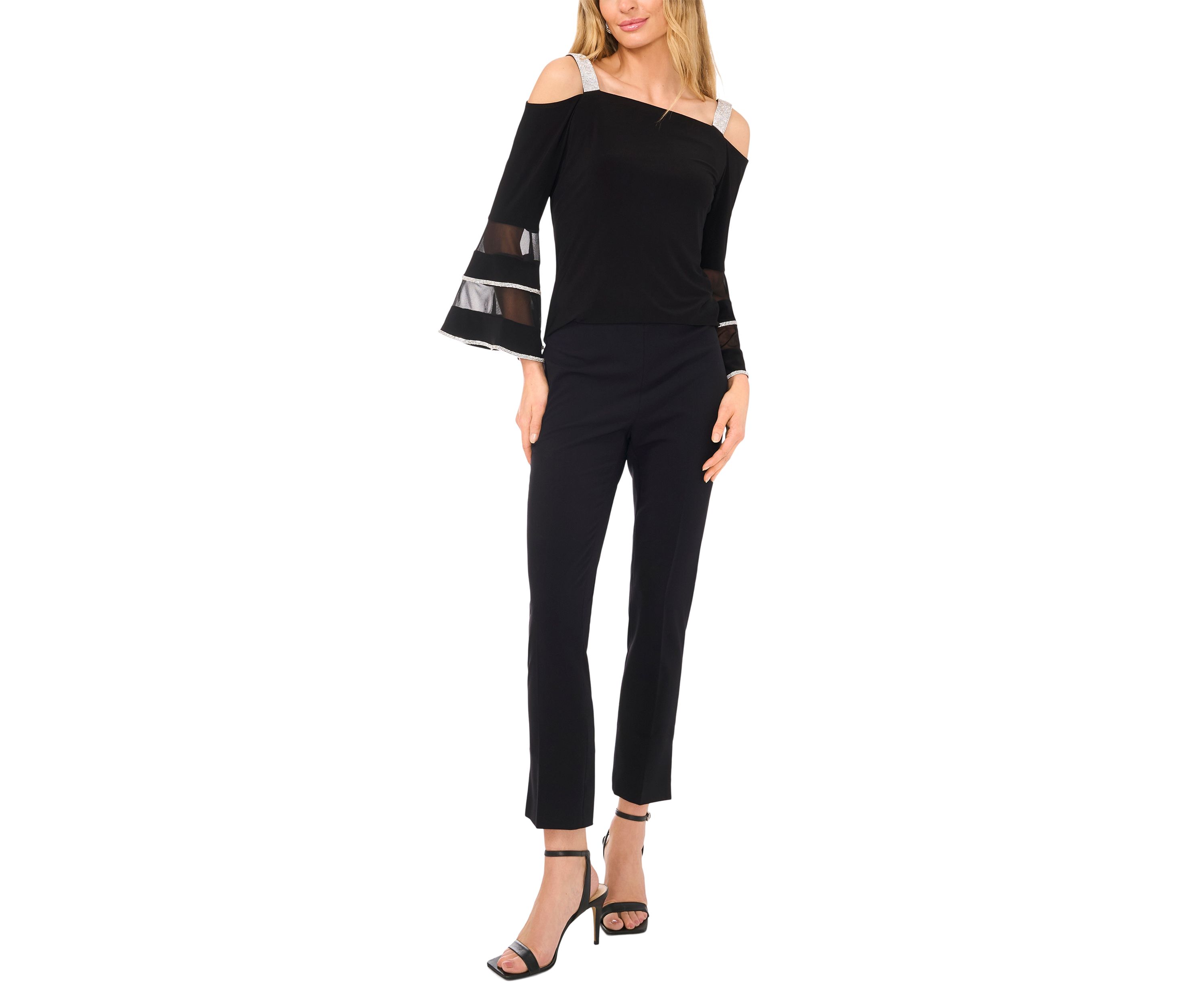 Womens Square Neck Cold Shoulder Embellished Long Sleeve Top
