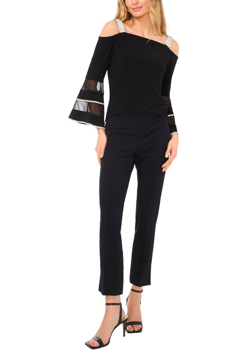 Womens Square Neck Cold Shoulder Embellished Long Sleeve Top