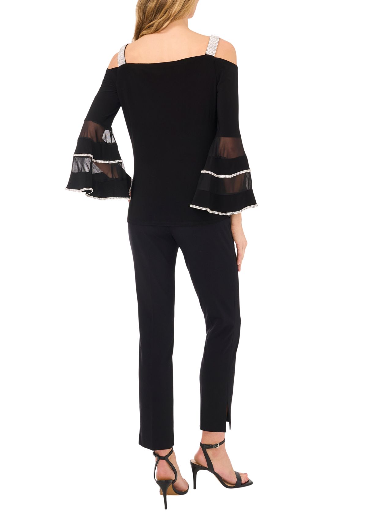 Womens Square Neck Cold Shoulder Embellished Long Sleeve Top