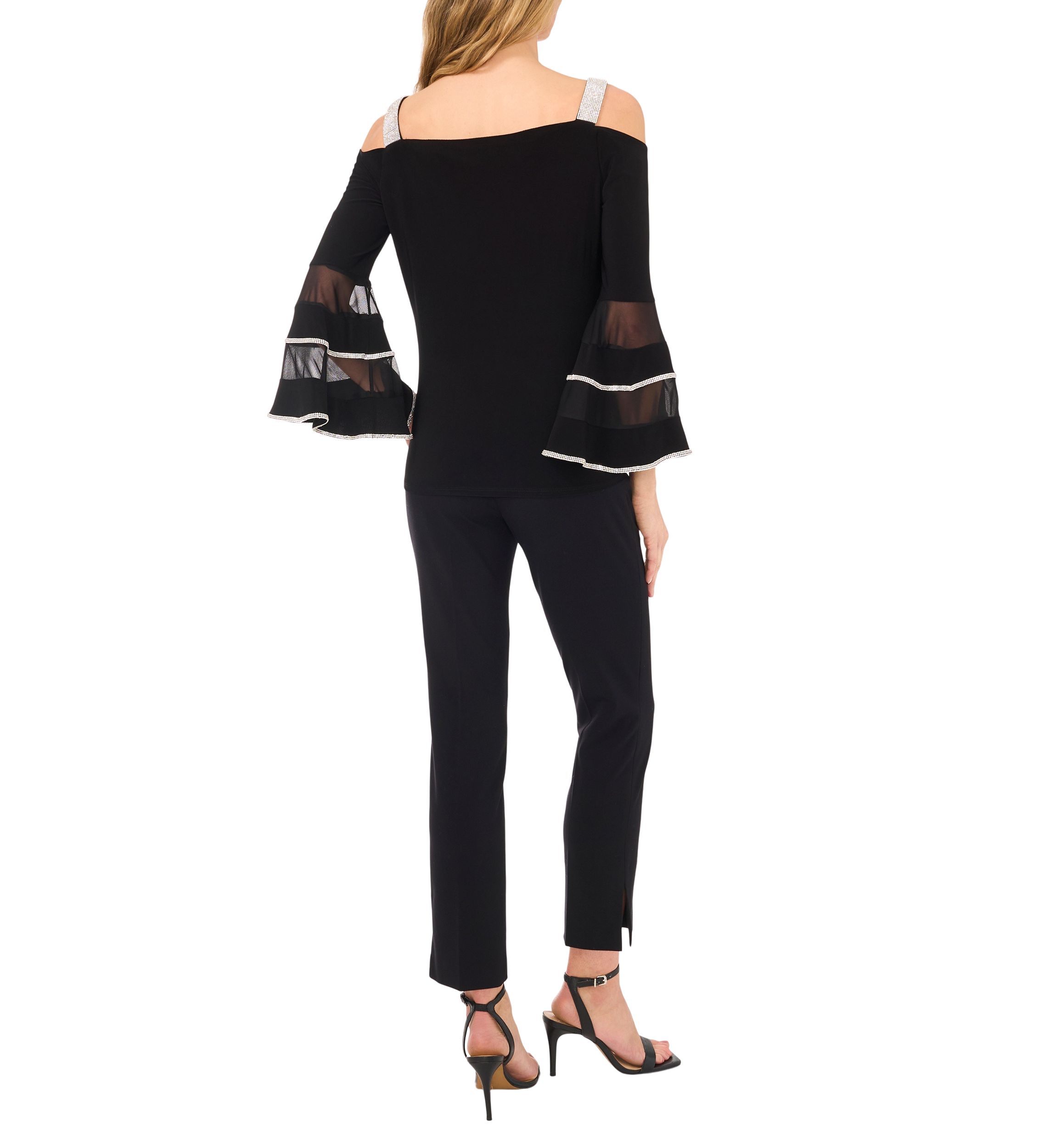 Womens Square Neck Cold Shoulder Embellished Long Sleeve Top