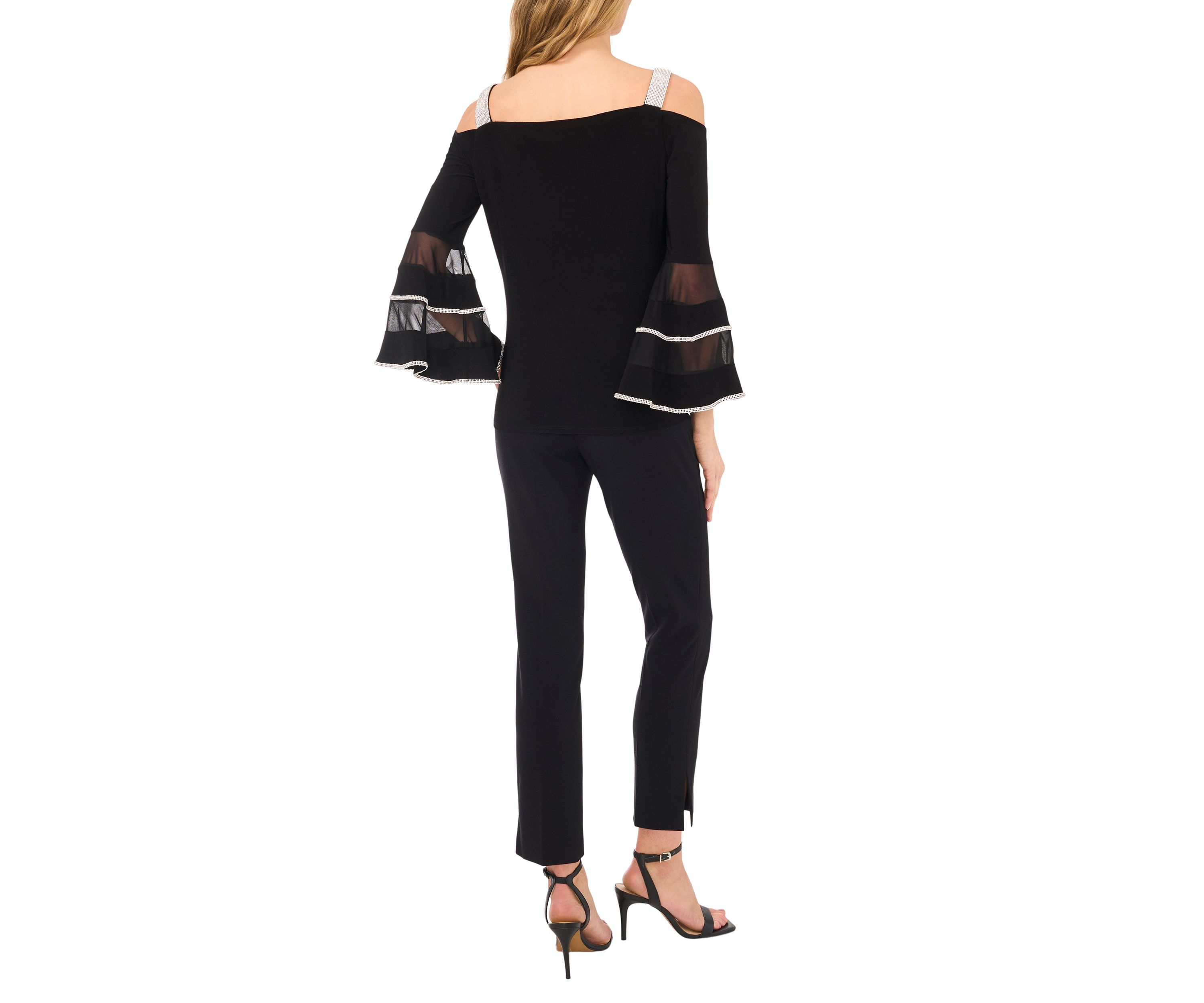 Womens Square Neck Cold Shoulder Embellished Long Sleeve Top