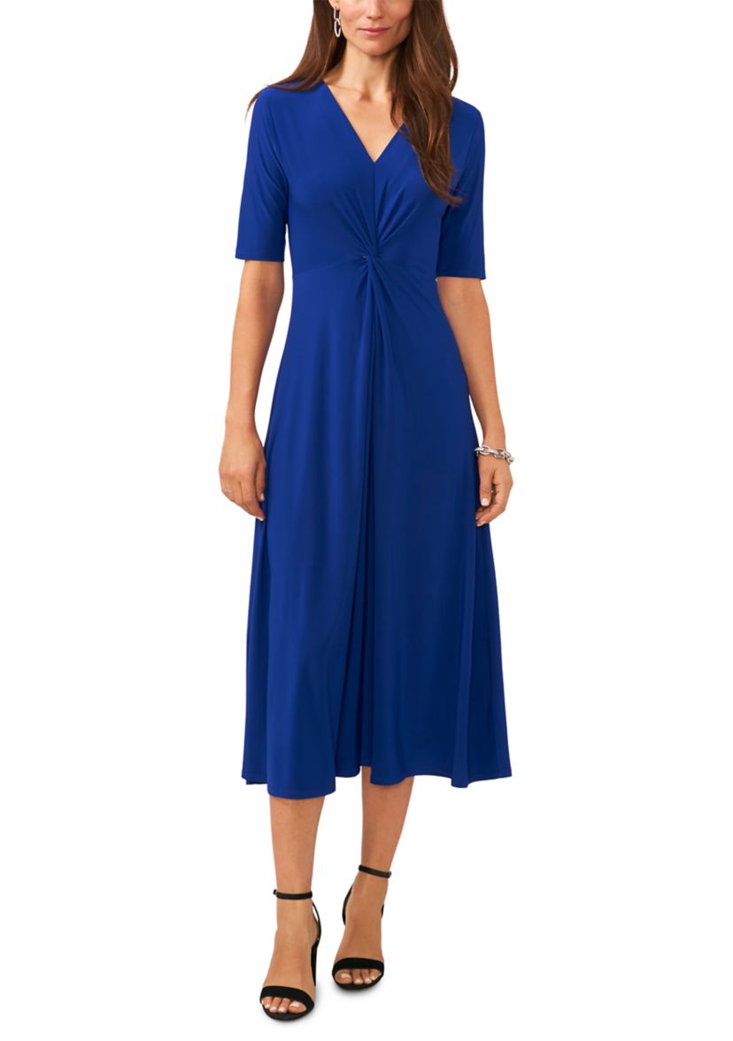 Womens Short Sleeve V-Neck Knot Front Solid Fit and Flare Dress