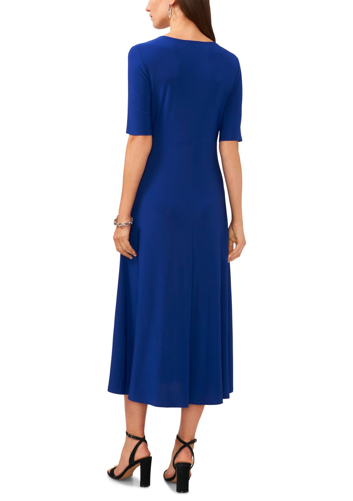 Womens Short Sleeve V-Neck Knot Front Solid Fit and Flare Dress