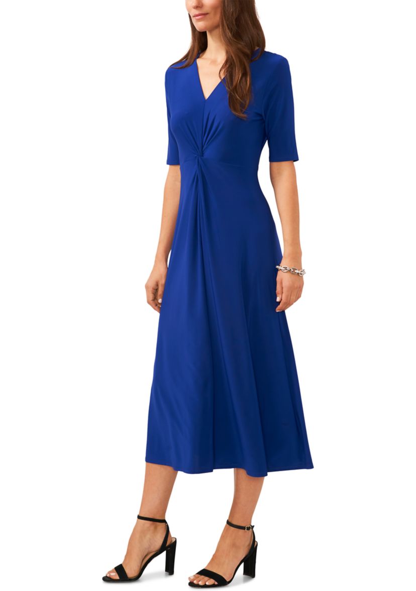 Womens Short Sleeve V-Neck Knot Front Solid Fit and Flare Dress