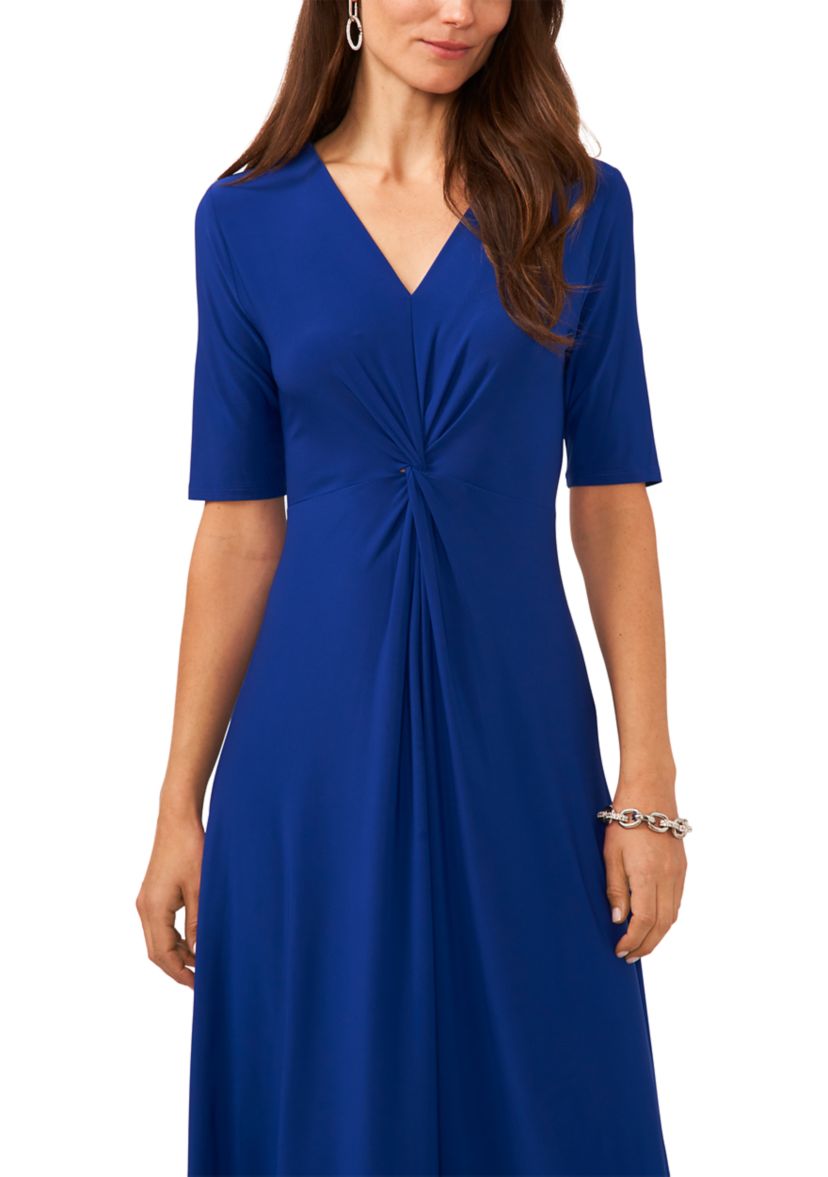 Womens Short Sleeve V-Neck Knot Front Solid Fit and Flare Dress