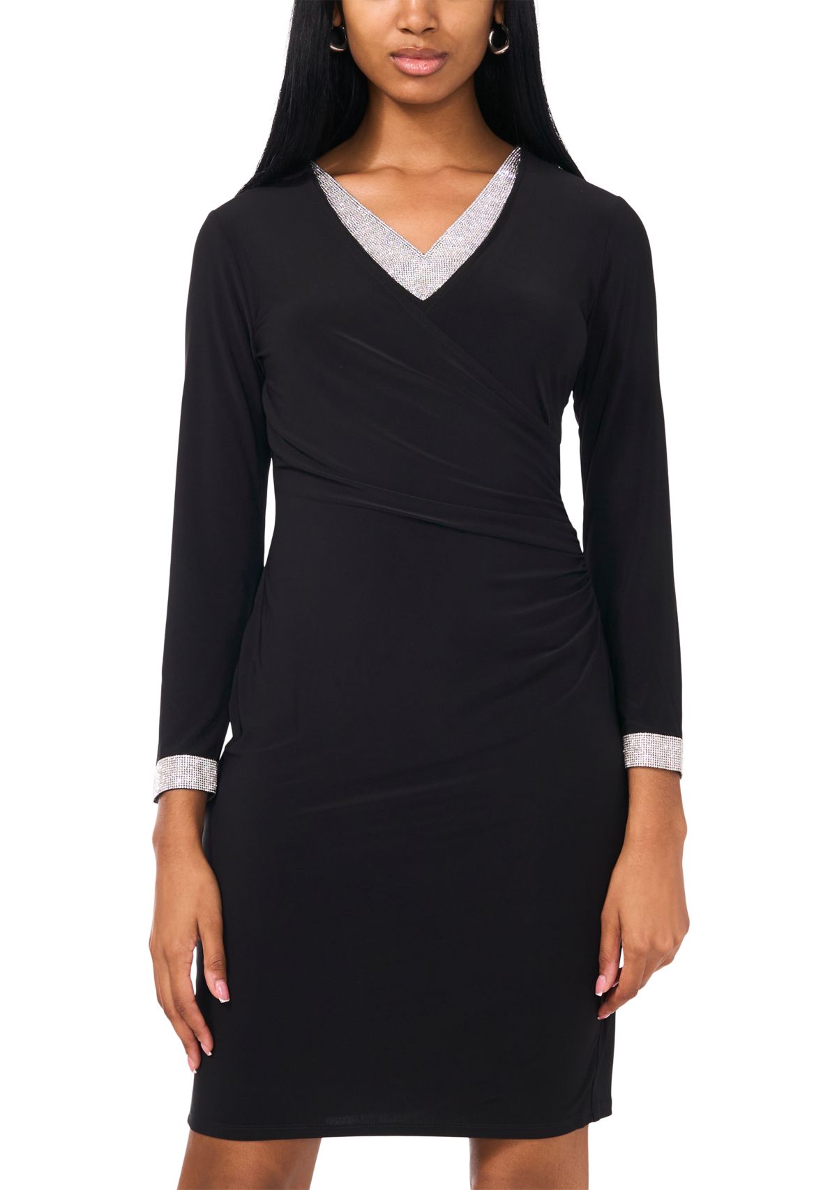 Womens Long Sleeve V-Neck Solid Wrap Fit and Flare Dress